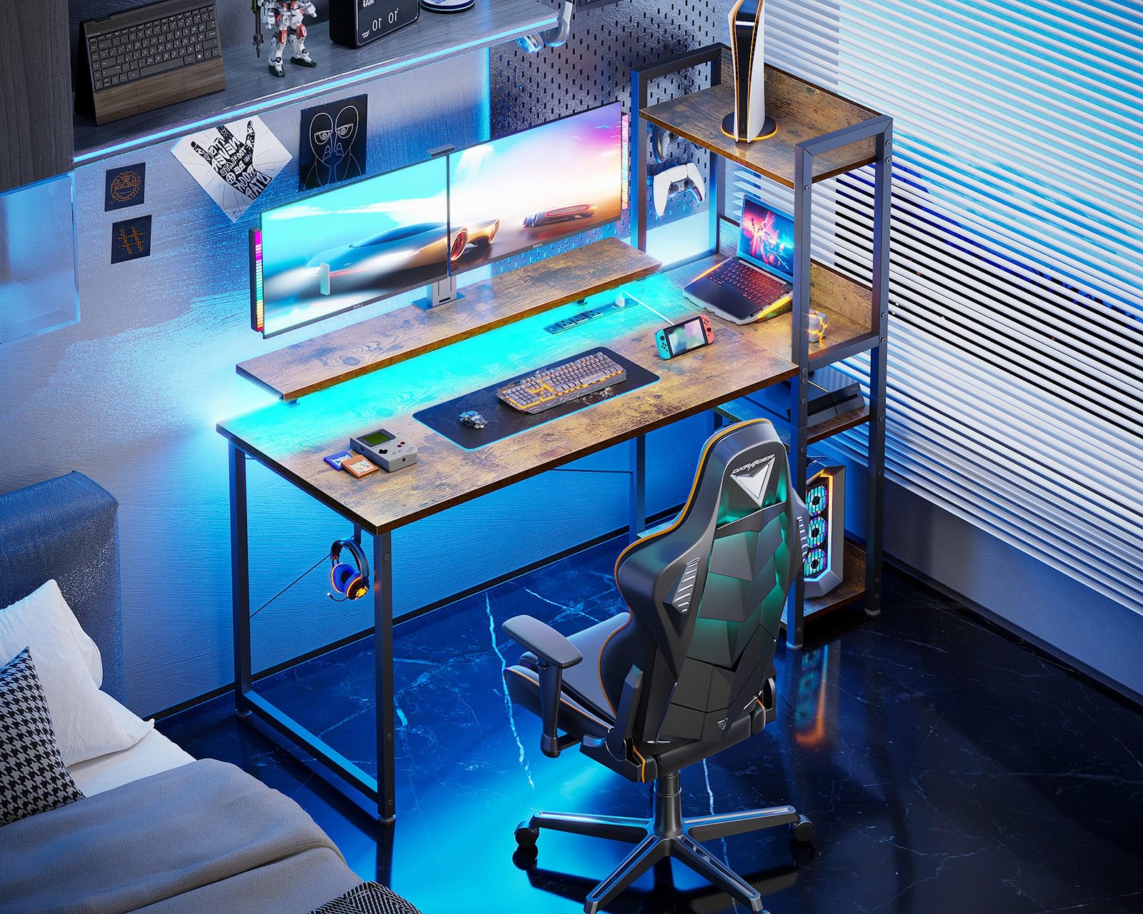 ODK Reversible Gaming Desk with USB Charging Port and LED Lights, 40 Inch Computer Desk with Storage Shelves &amp; Monitor Stand, Study Table for Home Office, Small Space Bedroom, Carbon Fiber Black