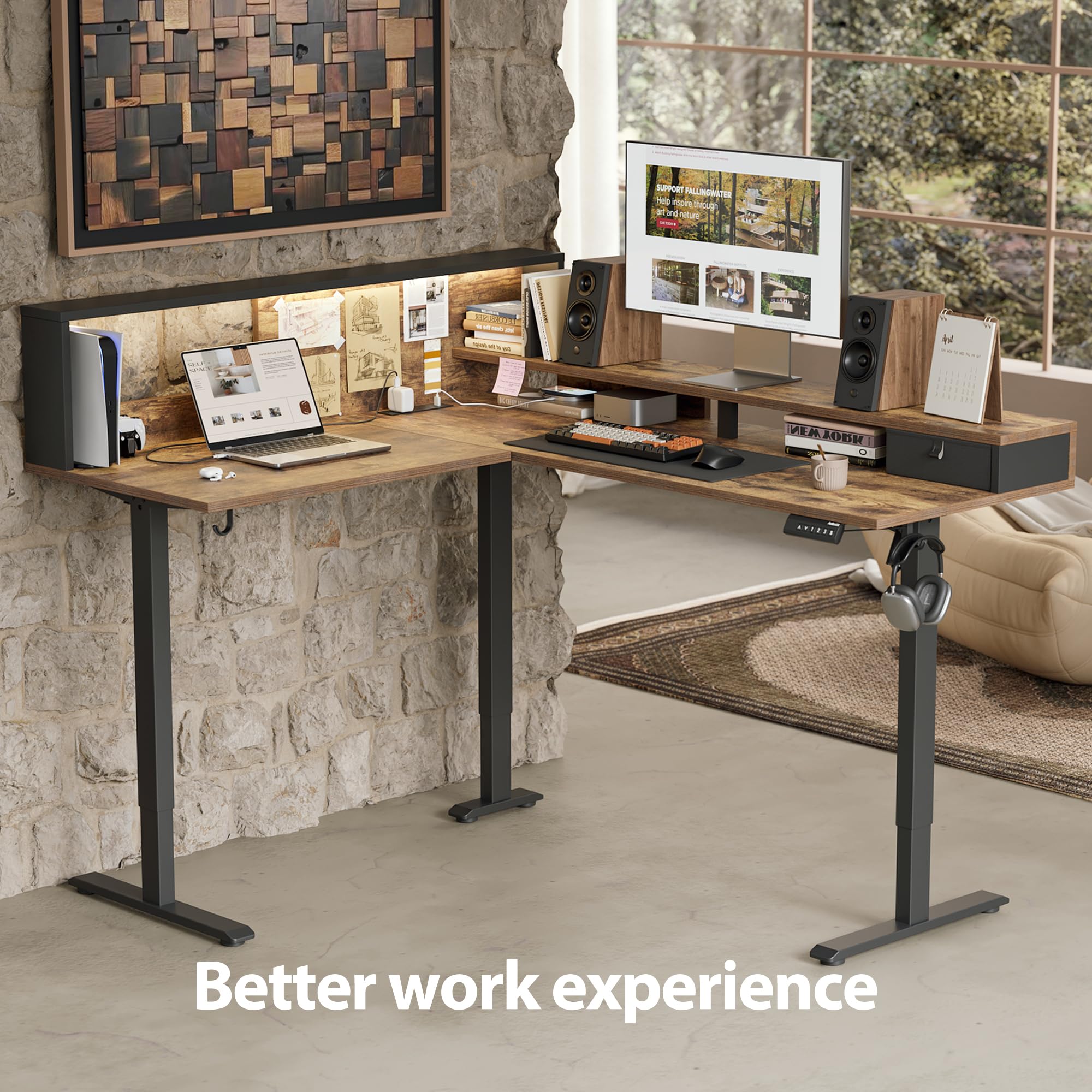 Agilestic L Shaped Standing Desk Adjustable Height, Electric Corner Standing Desk, 63 x 55 inch Sit Stand Computer Table with Splice Board, Rustic Brown