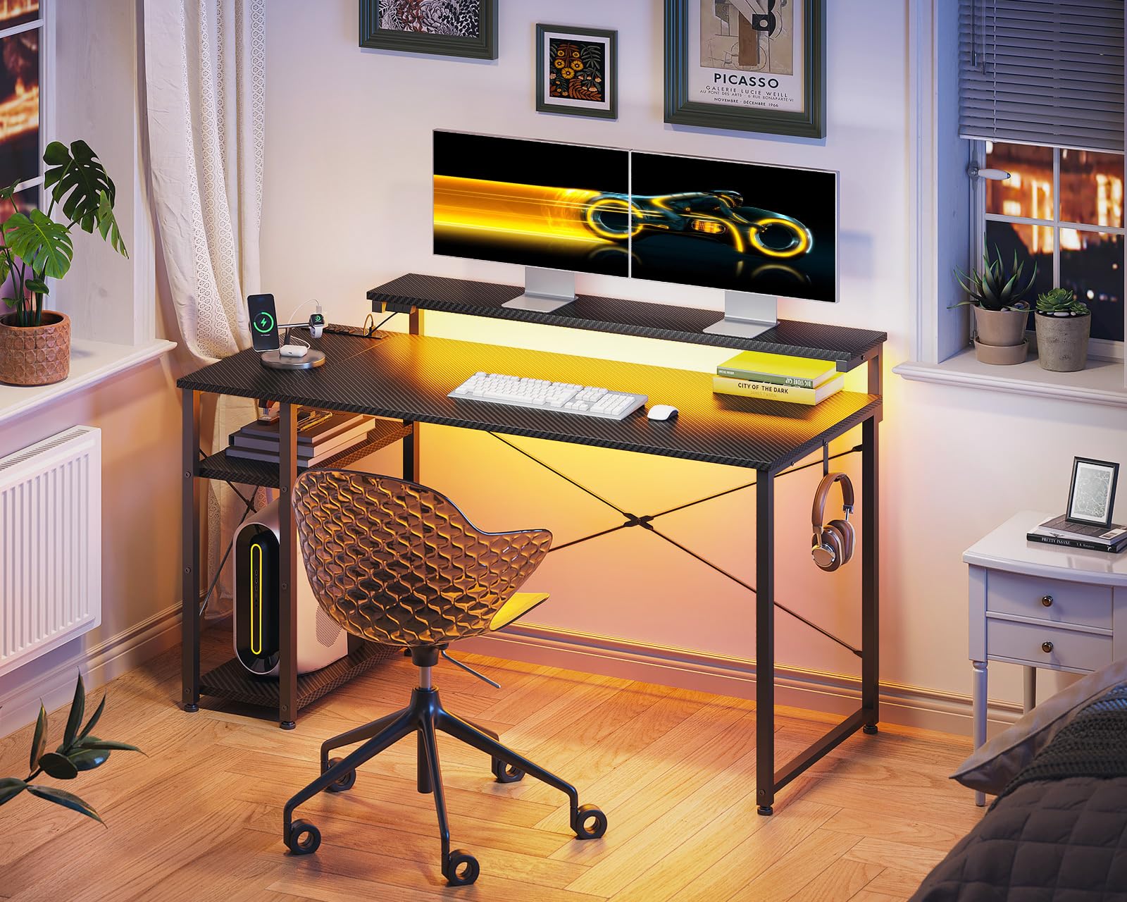 改MOTPK Gaming Desk with Led Lights &amp; Power Outlet, 40 Inch Small Gaming Computer Desk with Shelves, Reversible Gamer Desk Table with Adjustable Monitor Stand &amp; Headphone Hook, Carbon Fiber Texture