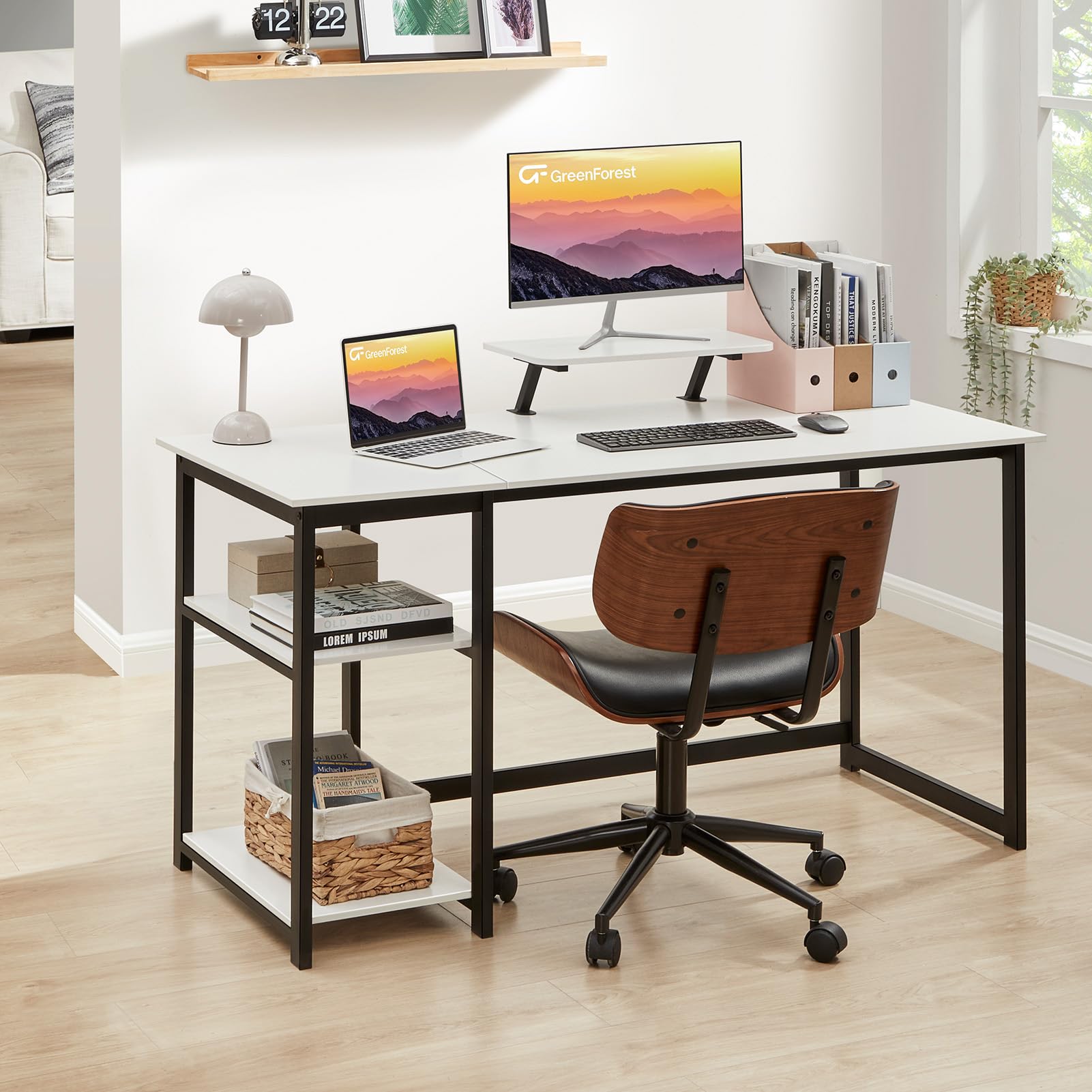 GreenForest Computer Desk 39 Inch with Monitor Stand, Office Desk with Adjustable Storage Shelves, Small Gaming Desk for Home Work Writing Study, Black