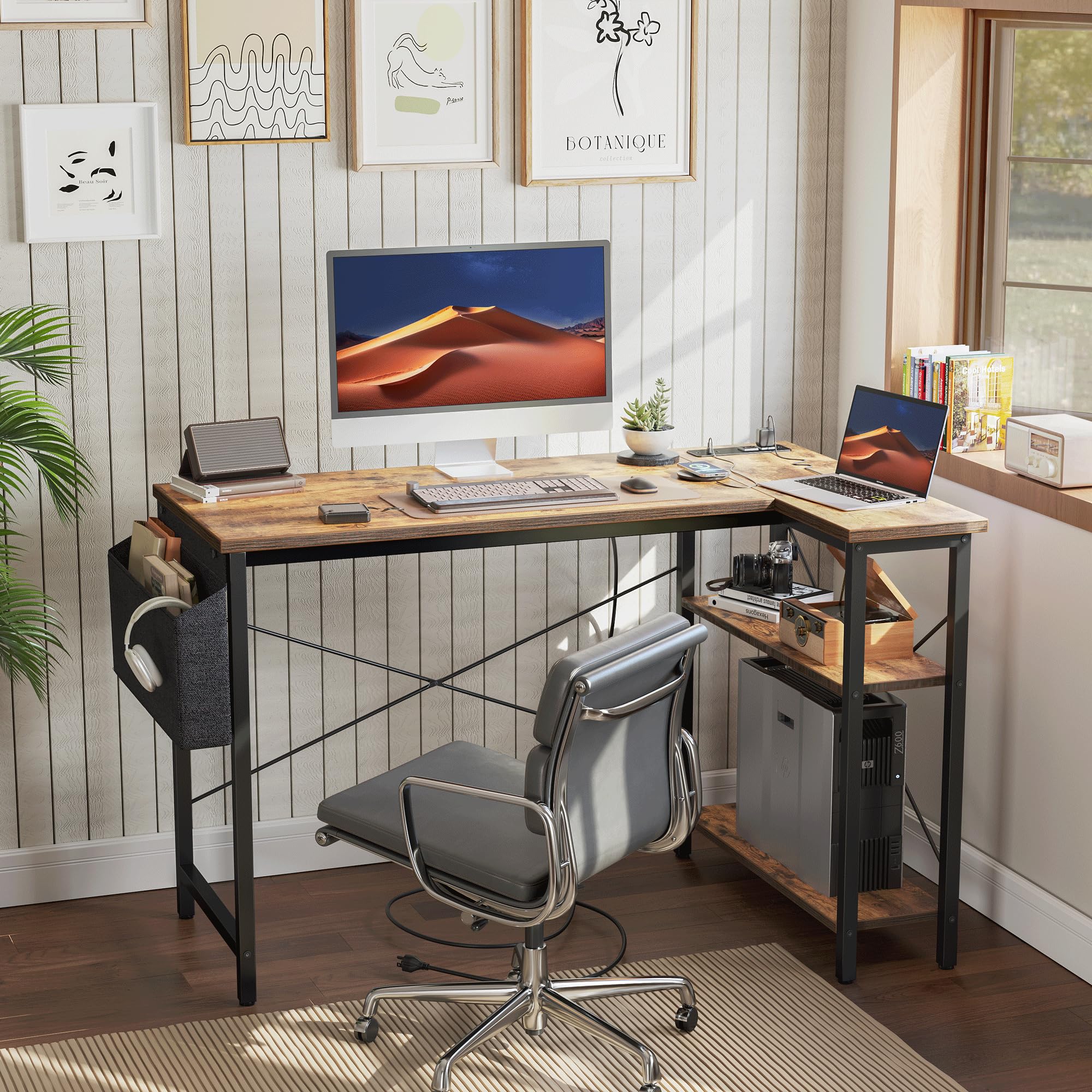 改TIQLAB Small Computer Desk with Power Outlets, 40 Inch L Shaped Desk with Reversible Shelves, Gaming Desk Corner Desk Study Writing Table for Home Office Bedroom Living Room, Black
