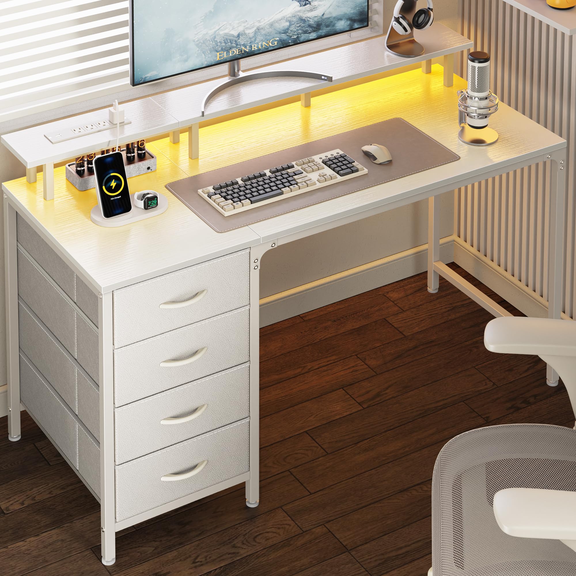 47 Inch Computer Desk with Power Outlets and LED Lights, Gaming Desk with 4 Drawers, Office Desk with Monitor Stand, Study Desk Work Desk for Home Office, Small Spaces, Black