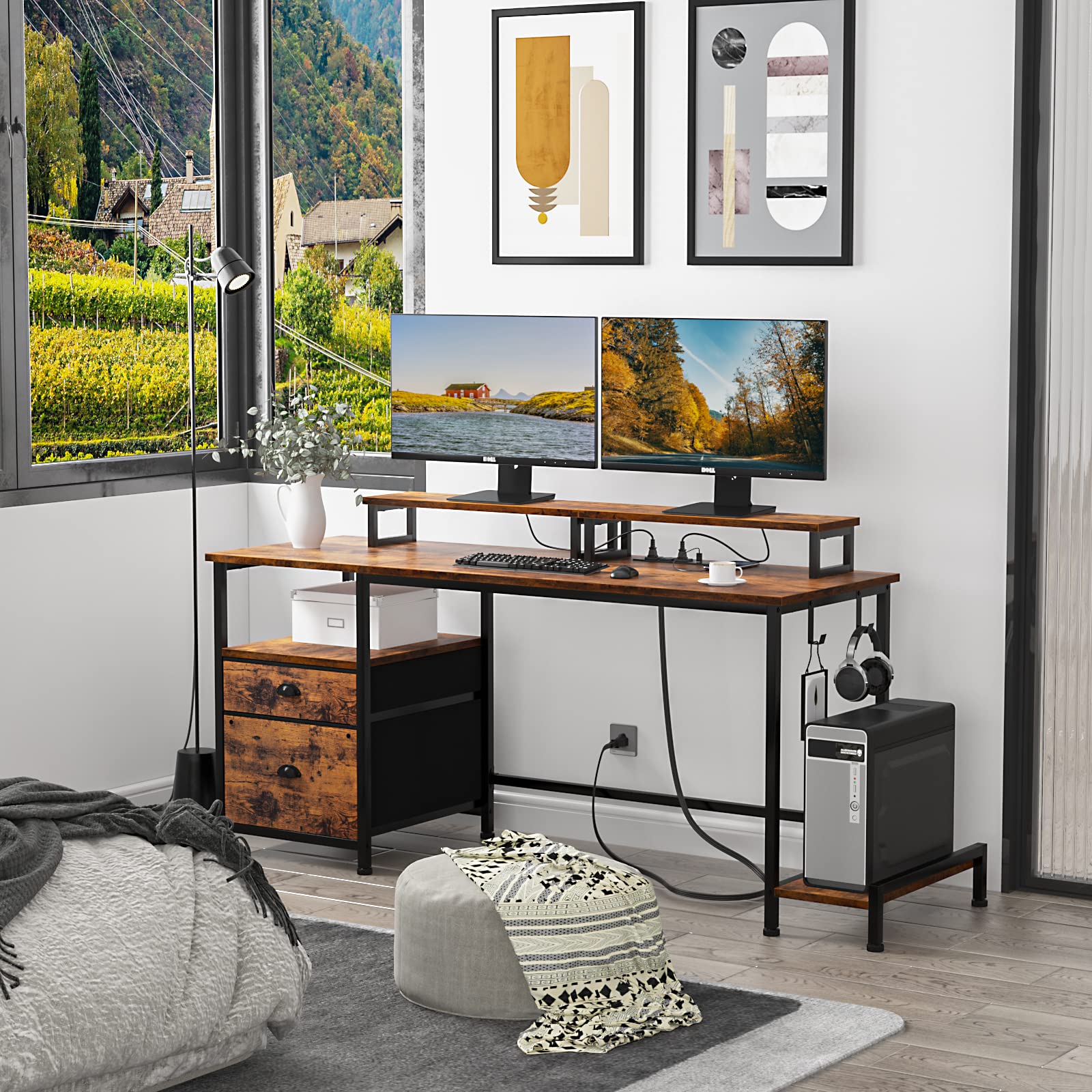 Computer Desk with Drawer and Power Outlets, 47" Office Desk with 2 Monitor Stands and Fabric File Cabinet, Writing Gaming Table with Shelves and 2 Hooks for Home Office, Rustic Brown