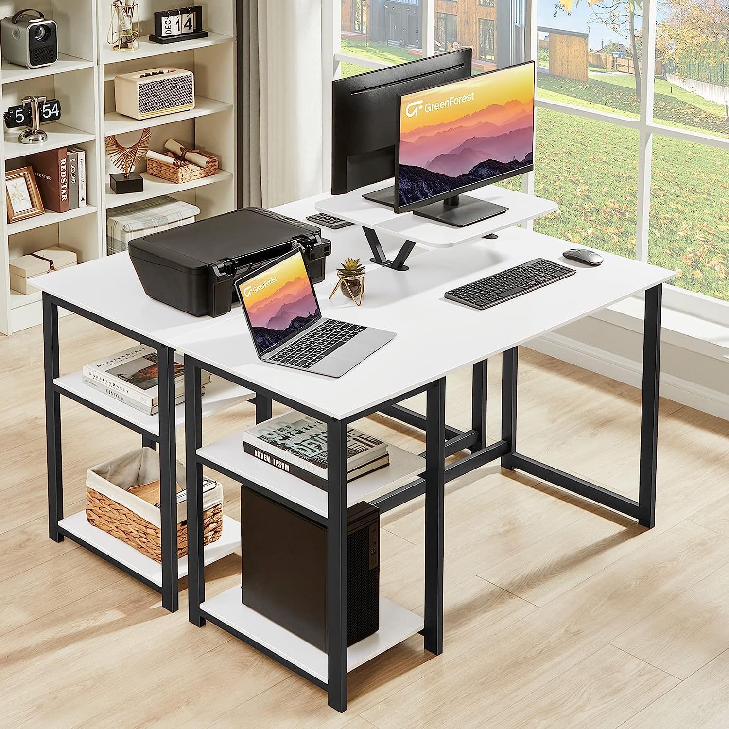 GreenForest Computer Desk 39 Inch with Monitor Stand, Office Desk with Adjustable Storage Shelves, Small Gaming Desk for Home Work Writing Study, Black
