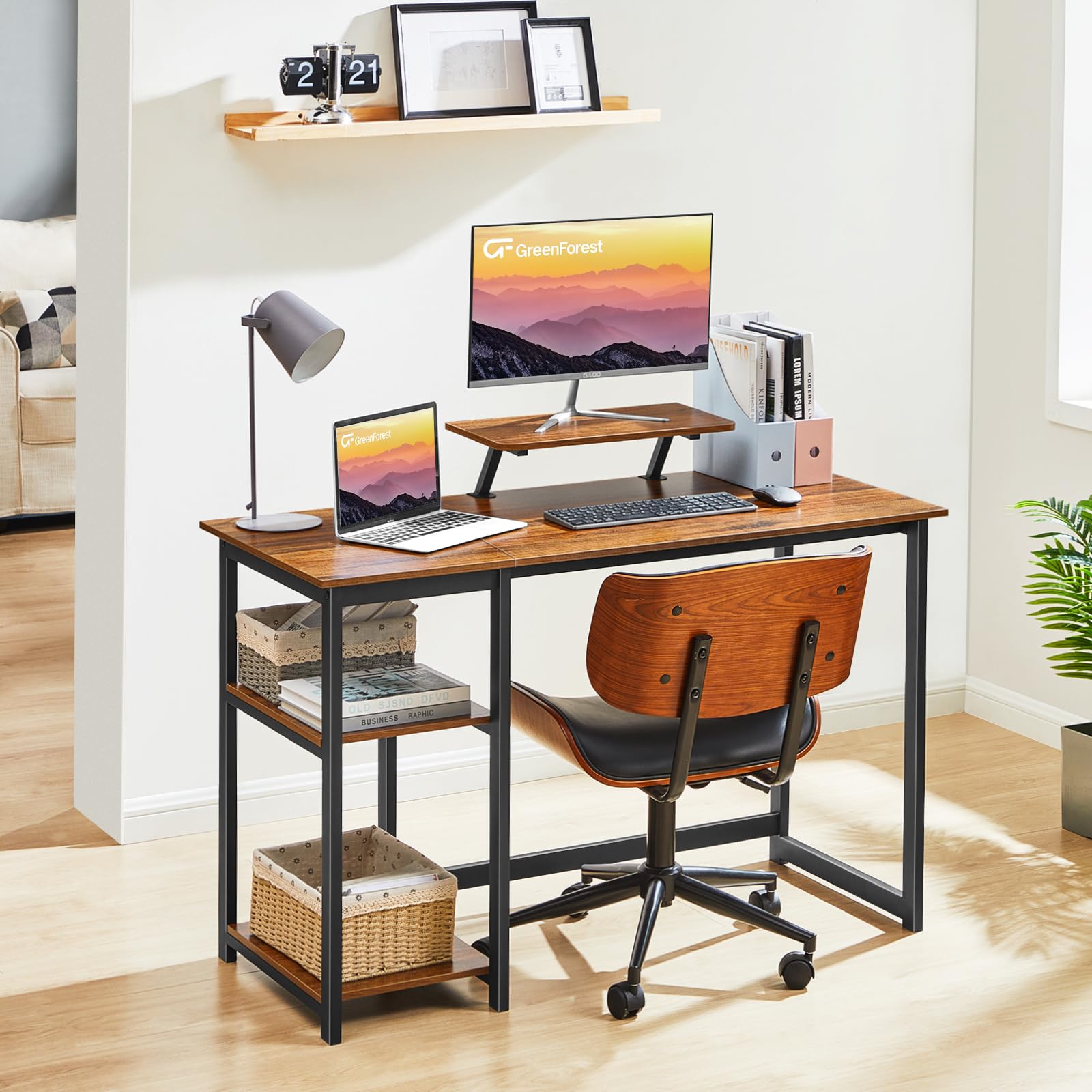 改GreenForest Computer Desk 39 Inch with Monitor Stand, Office Desk with Adjustable Storage Shelves, Small Gaming Desk for Home Work Writing Study, Black