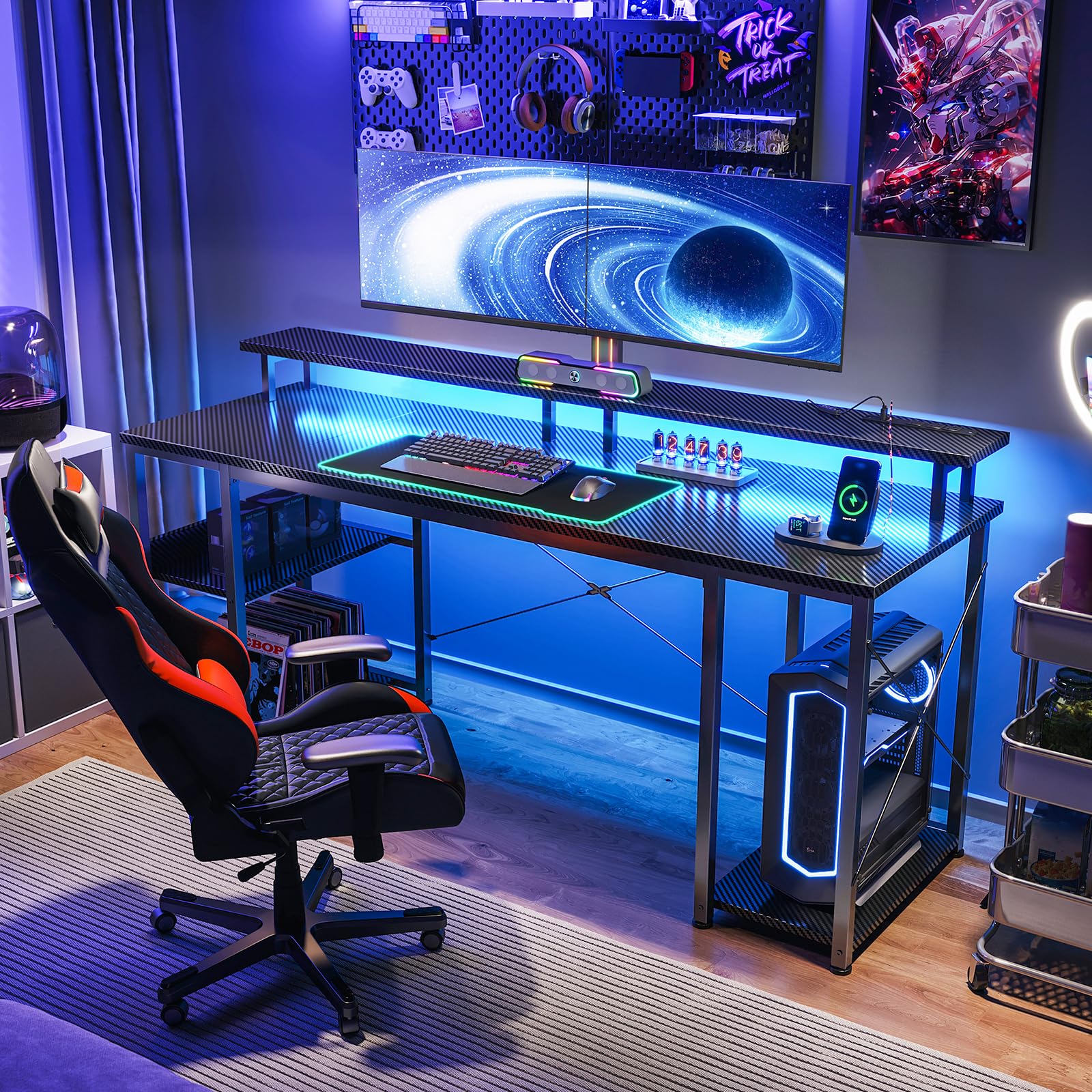 改ODK 48 inch Gaming Desk with LED Lights & Power Outlets, Computer Desk with Monitor Stand & Storage Sheves, CPU Stand, Home Office Desk, Black