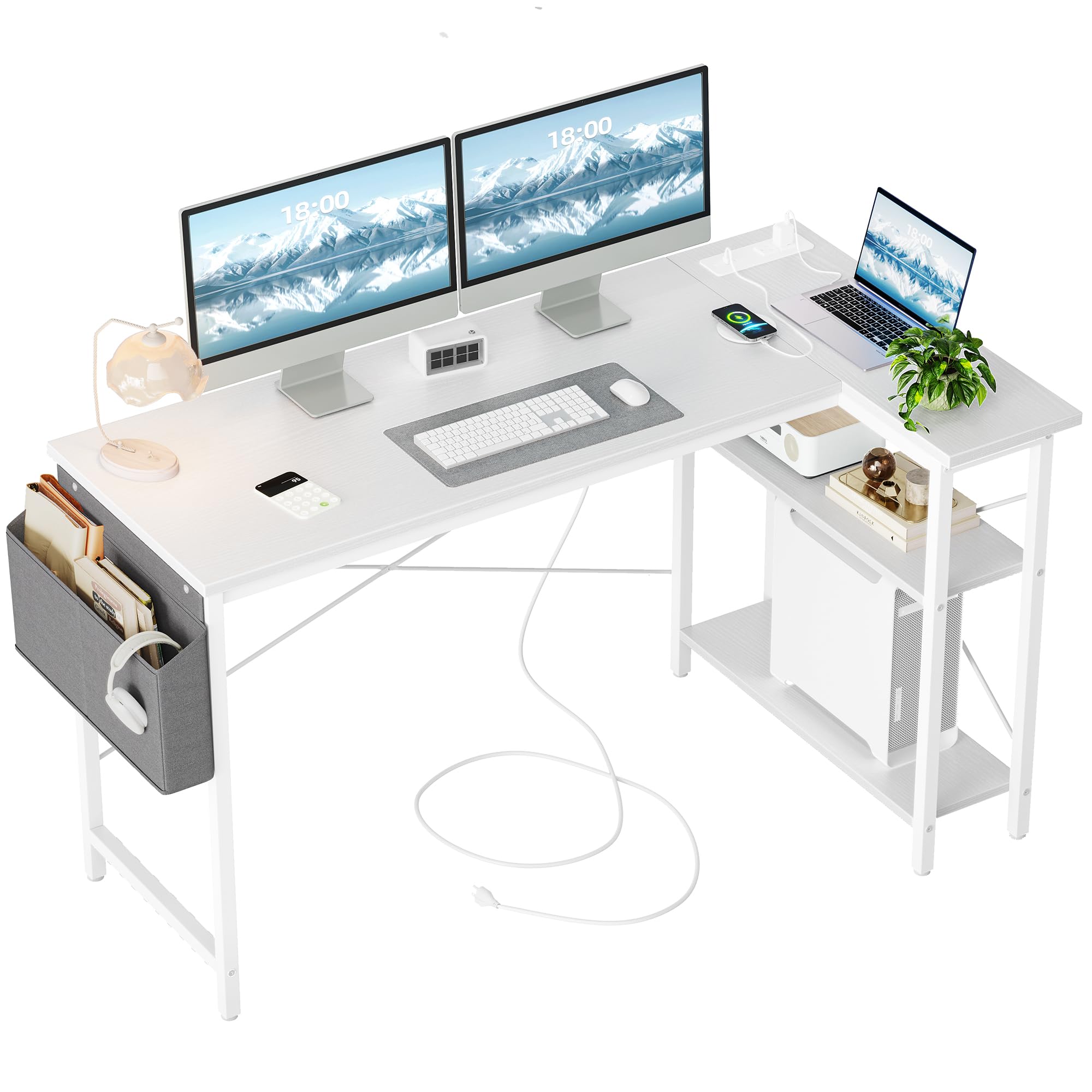 TIQLAB Small Computer Desk with Power Outlets, 40 Inch L Shaped Desk with Reversible Shelves, Gaming Desk Corner Desk Study Writing Table for Home Office Bedroom Living Room, Black