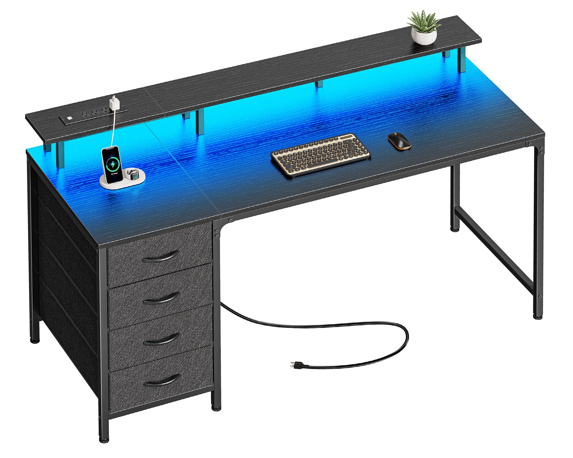 47 Inch Computer Desk with Power Outlets and LED Lights, Gaming Desk with 4 Drawers, Office Desk with Monitor Stand, Study Desk Work Desk for Home Office, Small Spaces, Black