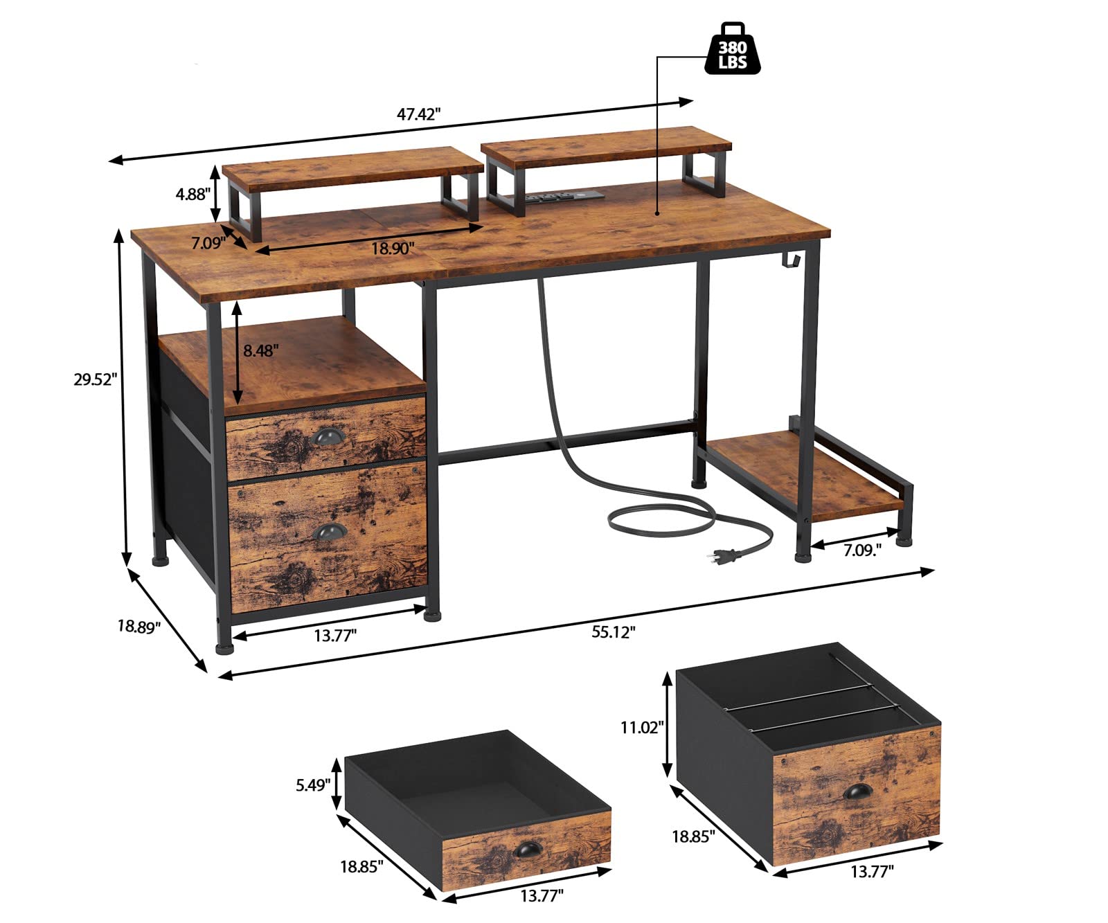 Computer Desk with Drawer and Power Outlets, 47" Office Desk with 2 Monitor Stands and Fabric File Cabinet, Writing Gaming Table with Shelves and 2 Hooks for Home Office, Rustic Brown