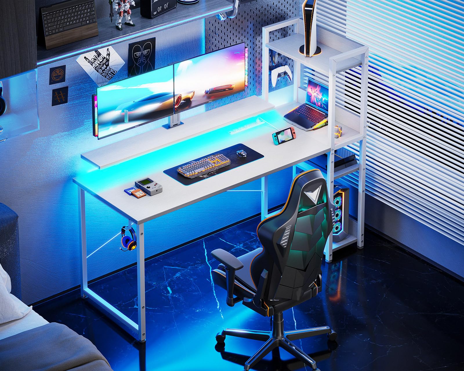 ODK Reversible Gaming Desk with USB Charging Port and LED Lights, 40 Inch Computer Desk with Storage Shelves &amp; Monitor Stand, Study Table for Home Office, Small Space Bedroom, Carbon Fiber Black