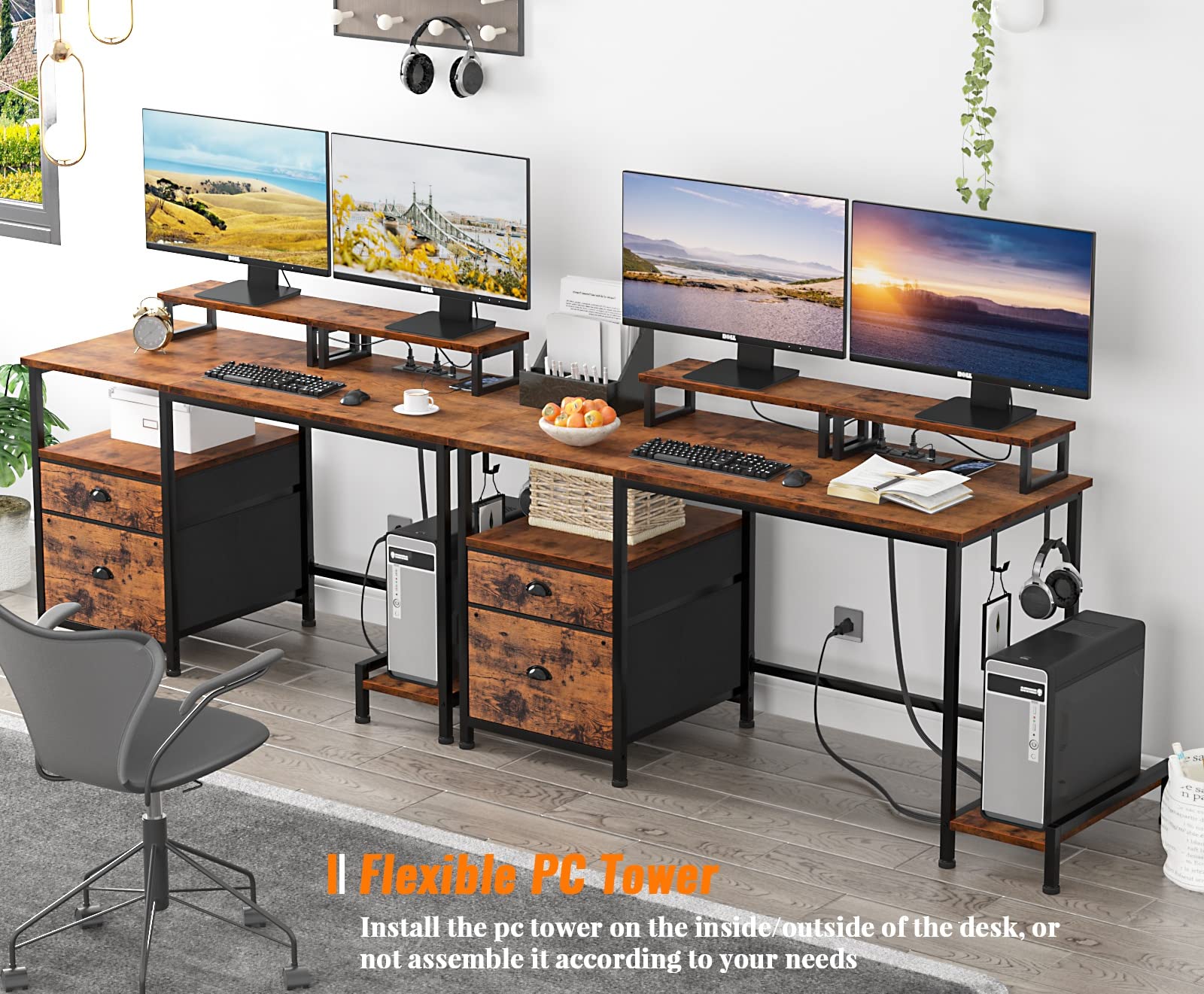 Computer Desk with Drawer and Power Outlets, 47" Office Desk with 2 Monitor Stands and Fabric File Cabinet, Writing Gaming Table with Shelves and 2 Hooks for Home Office, Rustic Brown