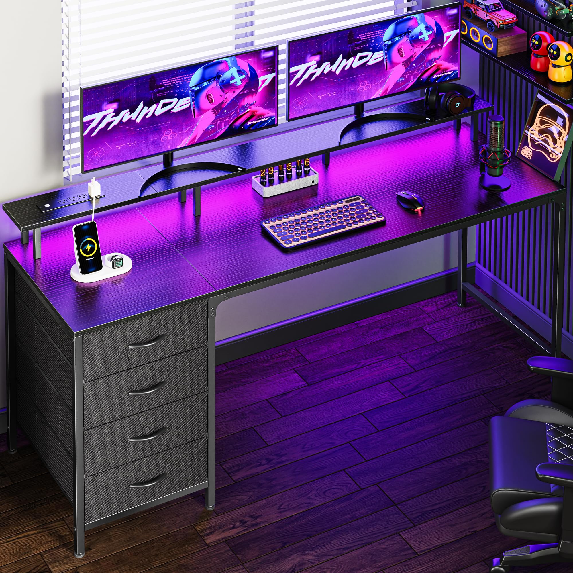 47 Inch Computer Desk with Power Outlets and LED Lights, Gaming Desk with 4 Drawers, Office Desk with Monitor Stand, Study Desk Work Desk for Home Office, Small Spaces, Black