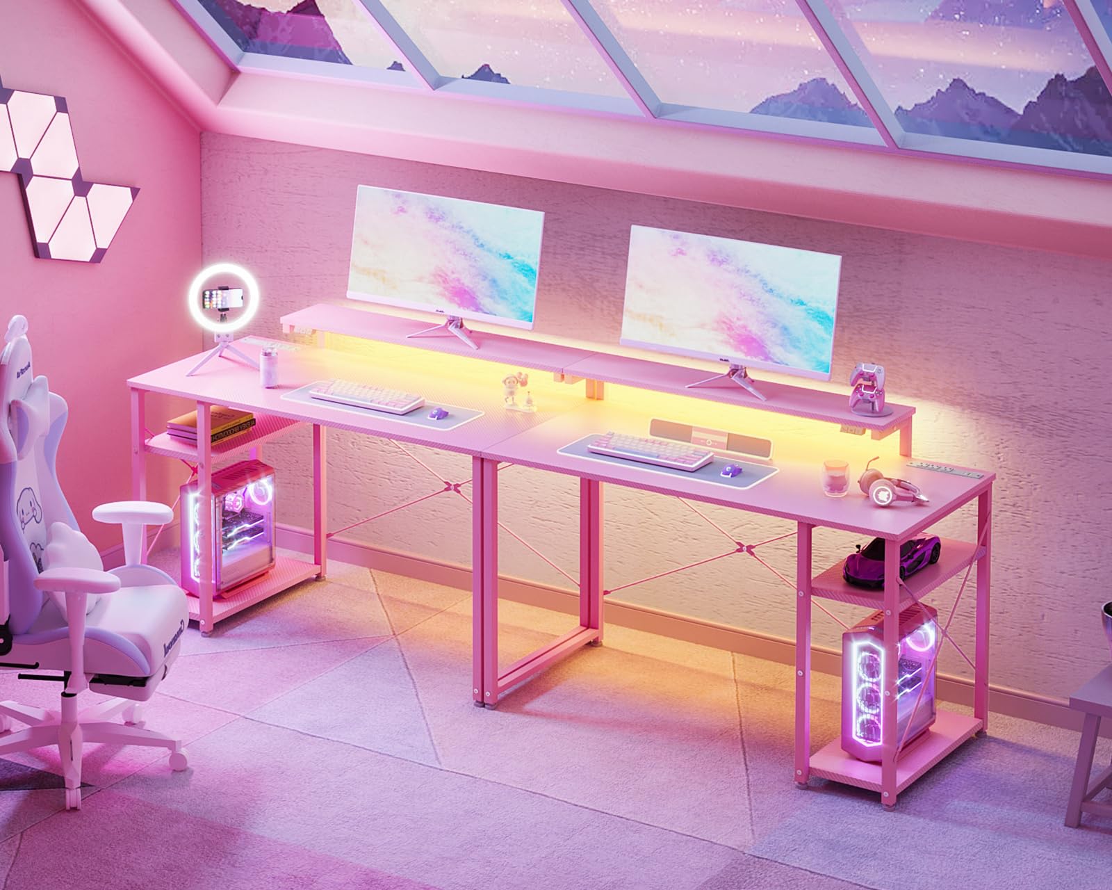 Gaming Desk with Led Lights & Power Outlet, 40 Inch Small Gaming Computer Desk with Shelves, Reversible Gamer Desk Table with Adjustable Monitor Stand & Headphone Hook, Carbon Fiber Texture