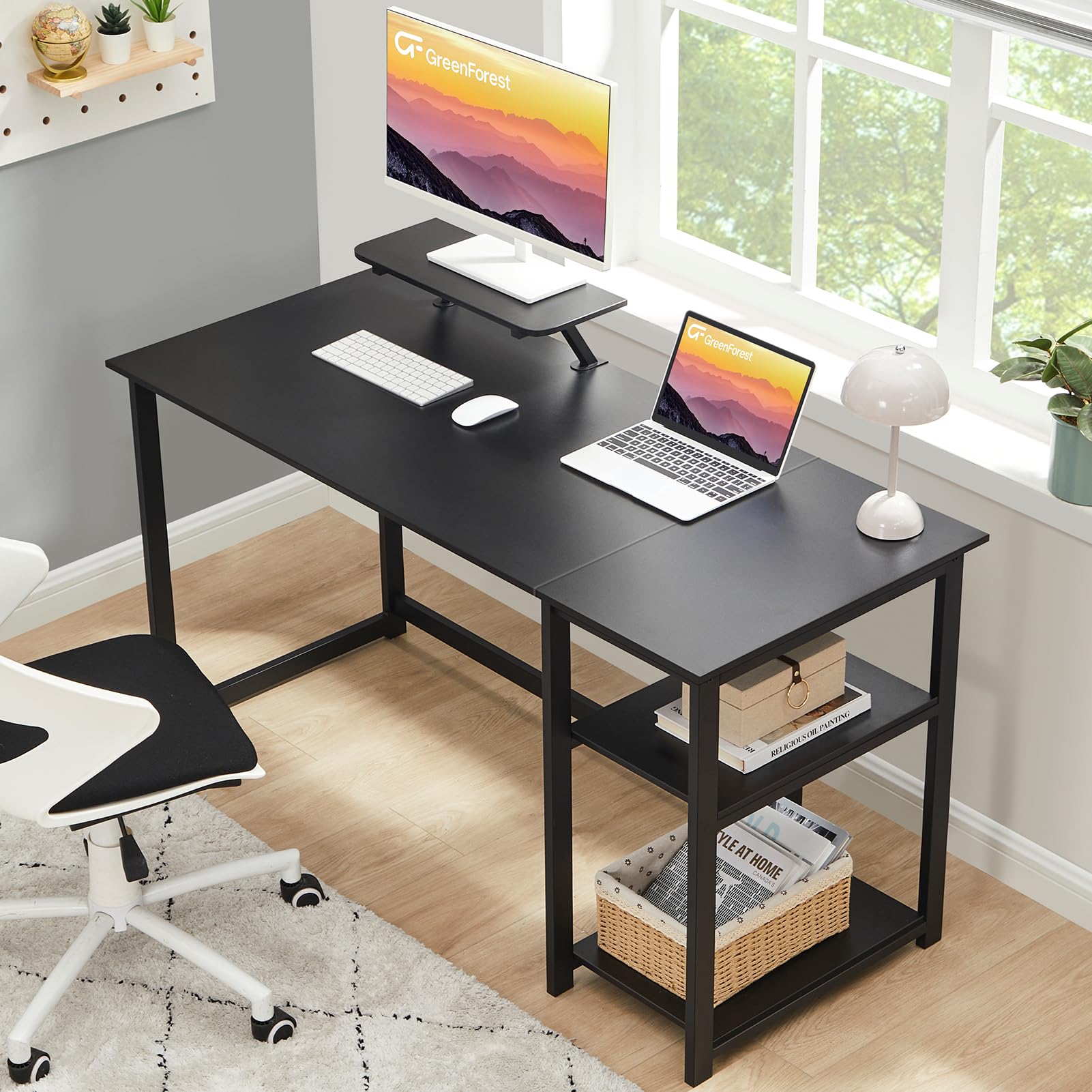GreenForest Computer Desk 39 Inch with Monitor Stand, Office Desk with Adjustable Storage Shelves, Small Gaming Desk for Home Work Writing Study, Black