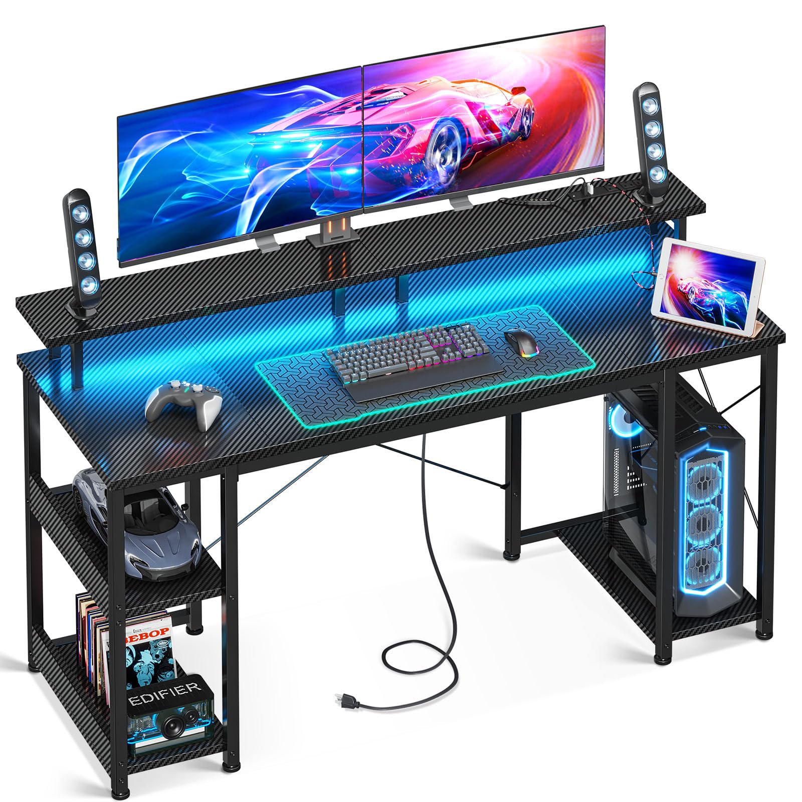 改ODK 48 inch Gaming Desk with LED Lights &amp; Power Outlets, Computer Desk with Monitor Stand &amp; Storage Sheves, CPU Stand, Home Office Desk, Black