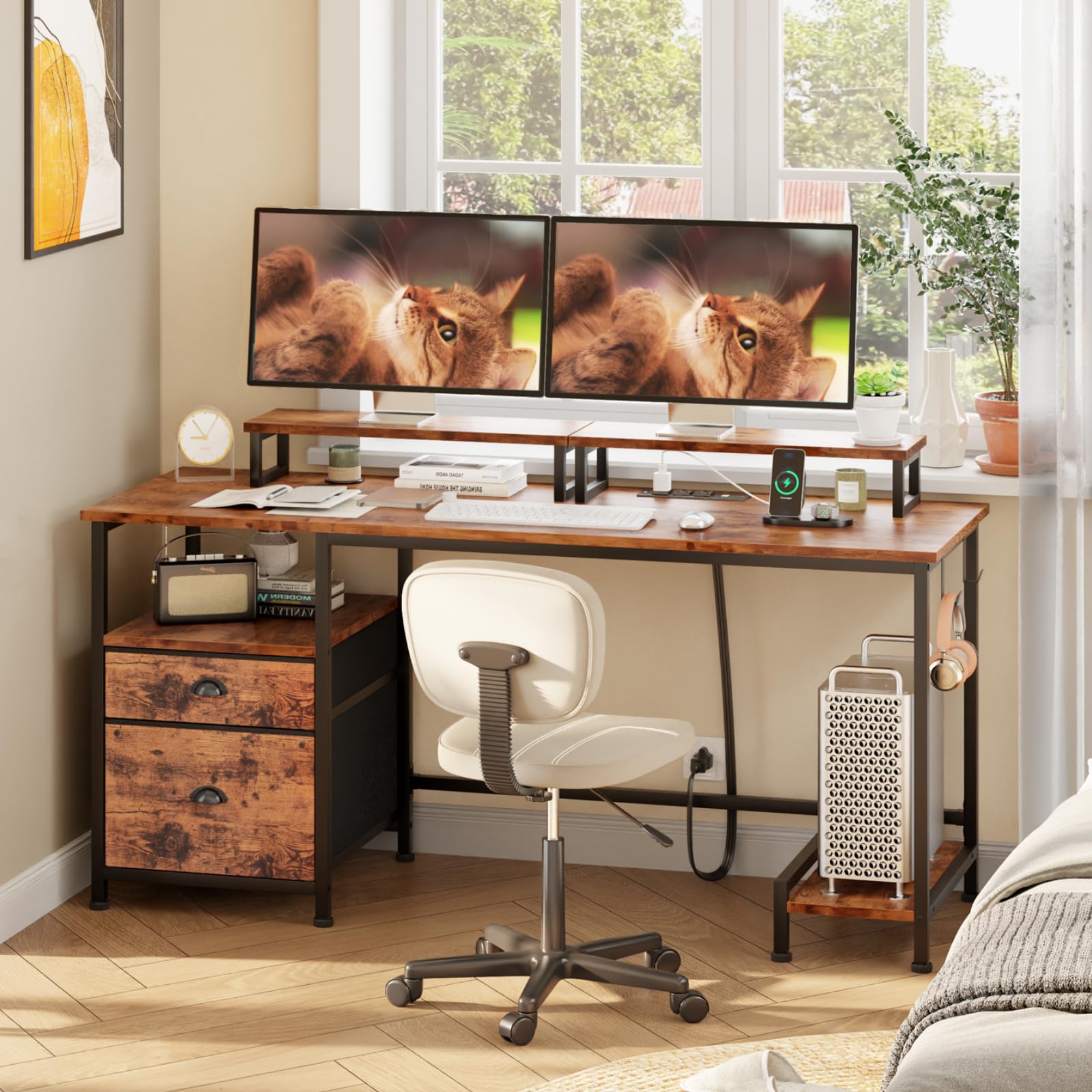 Computer Desk with Drawer and Power Outlets, 47" Office Desk with 2 Monitor Stands and Fabric File Cabinet, Writing Gaming Table with Shelves and 2 Hooks for Home Office, Rustic Brown