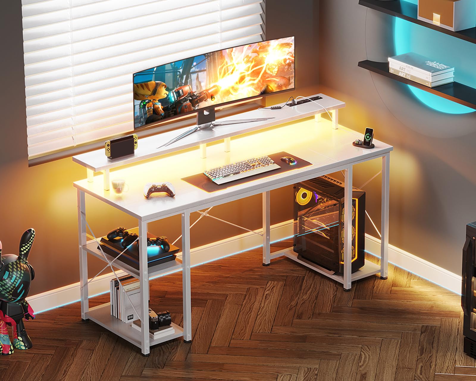 改ODK 48 inch Gaming Desk with LED Lights &amp; Power Outlets, Computer Desk with Monitor Stand &amp; Storage Sheves, CPU Stand, Home Office Desk, Black