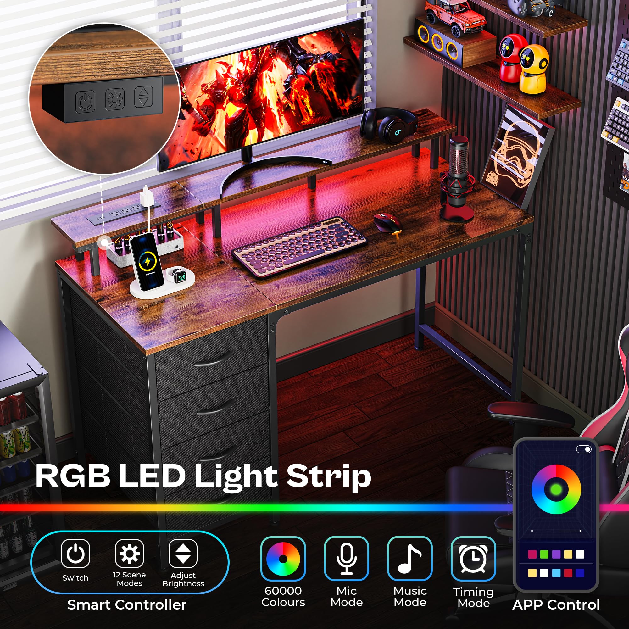 47 Inch Computer Desk with Power Outlets and LED Lights, Gaming Desk with 4 Drawers, Office Desk with Monitor Stand, Study Desk Work Desk for Home Office, Small Spaces, Black