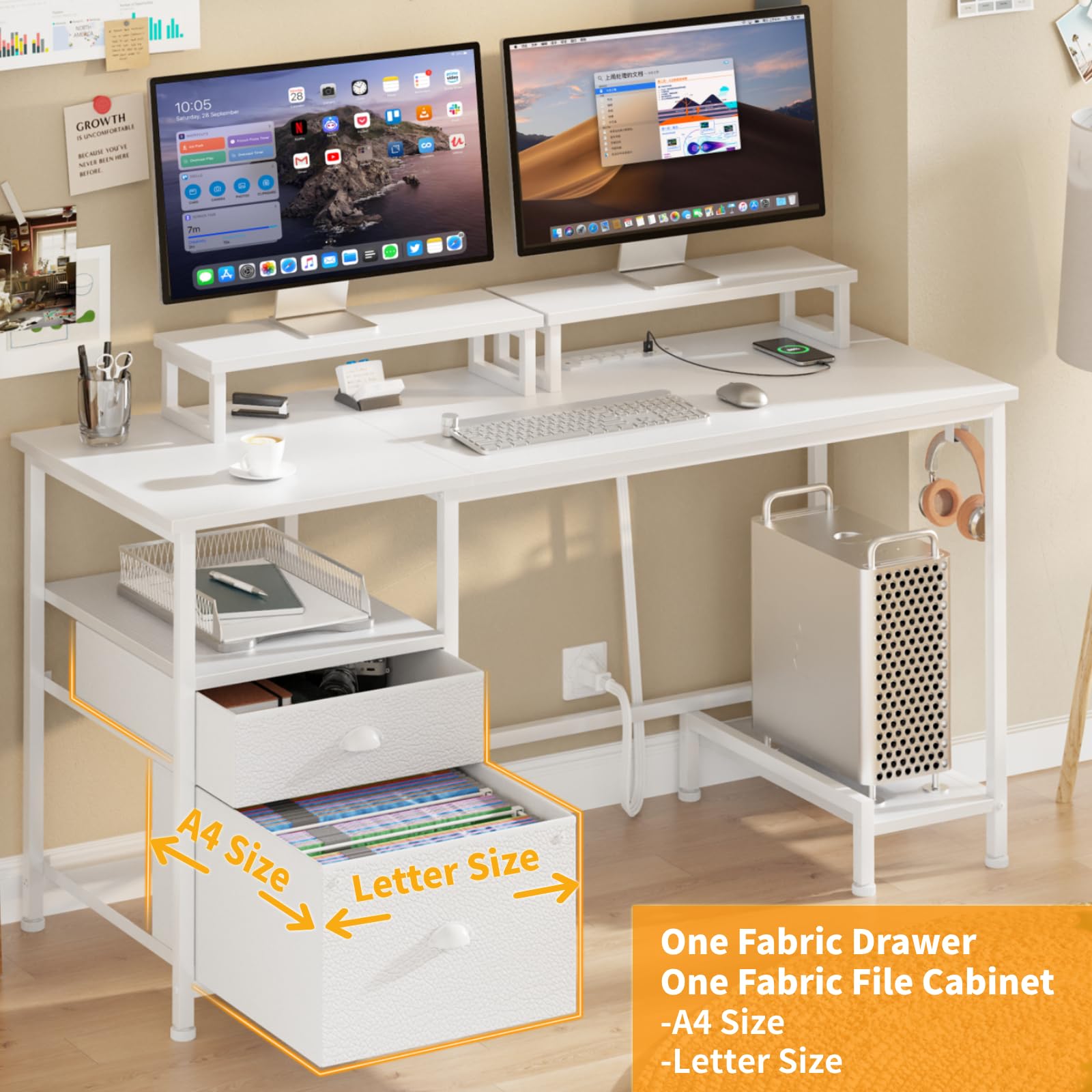 改Furologee Computer Desk with Drawer and Power Outlets, 47" Office Desk with 2 Monitor Stands and Fabric File Cabinet, Writing Gaming Table with Shelves and 2 Hooks for Home Office, Rustic Brown