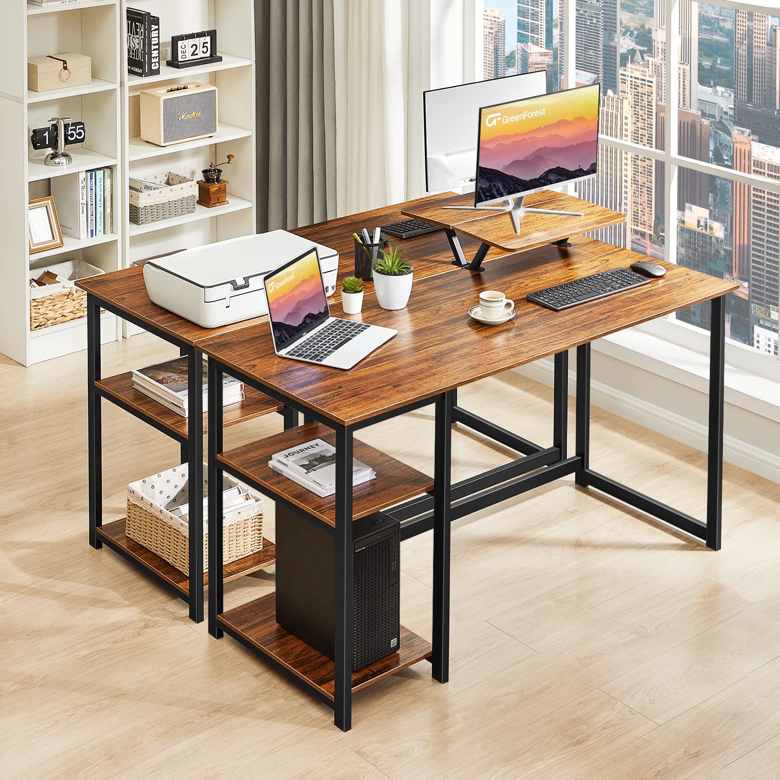 GreenForest Computer Desk 39 Inch with Monitor Stand, Office Desk with Adjustable Storage Shelves, Small Gaming Desk for Home Work Writing Study, Black