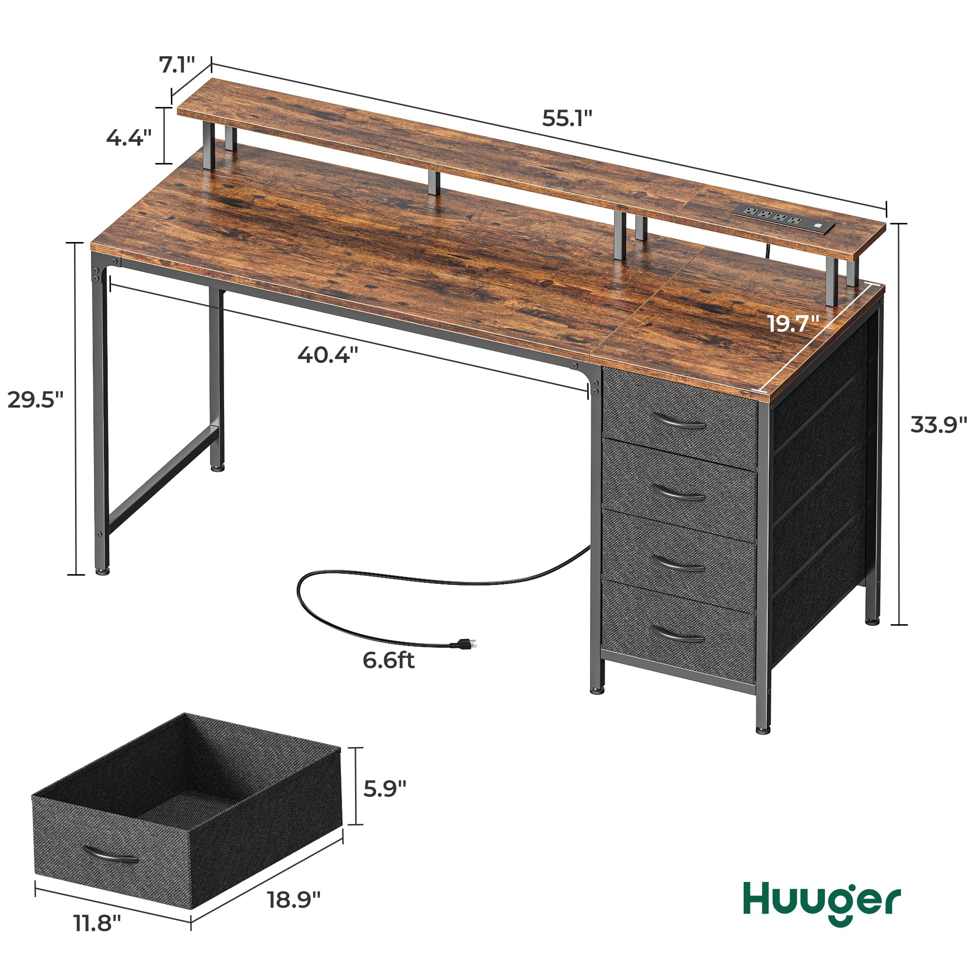 47 Inch Computer Desk with Power Outlets and LED Lights, Gaming Desk with 4 Drawers, Office Desk with Monitor Stand, Study Desk Work Desk for Home Office, Small Spaces, Black