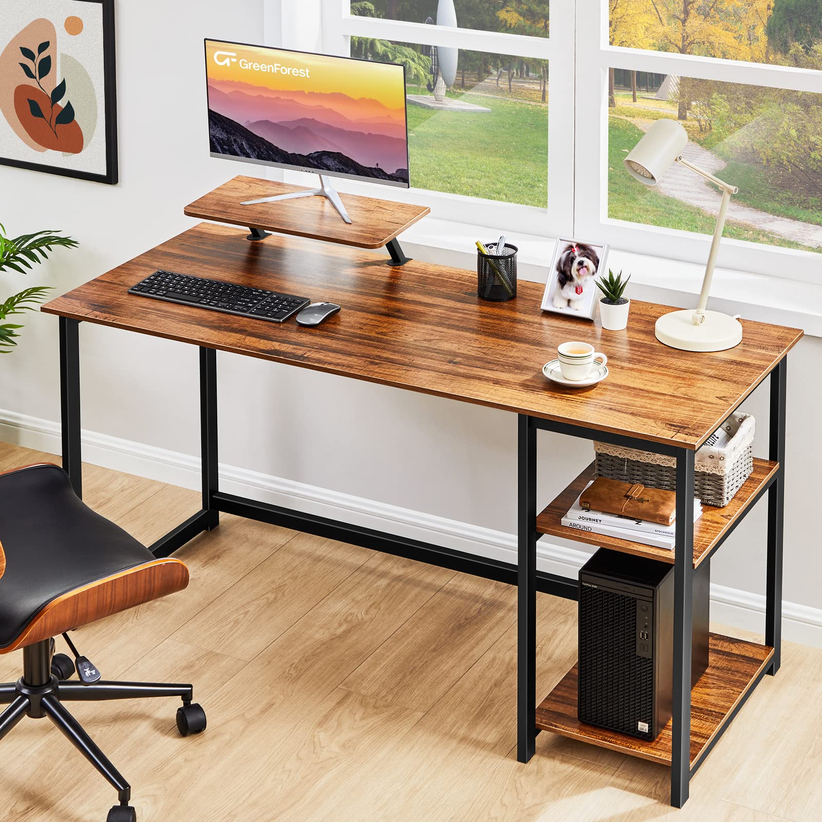 GreenForest Computer Desk 39 Inch with Monitor Stand, Office Desk with Adjustable Storage Shelves, Small Gaming Desk for Home Work Writing Study, Black