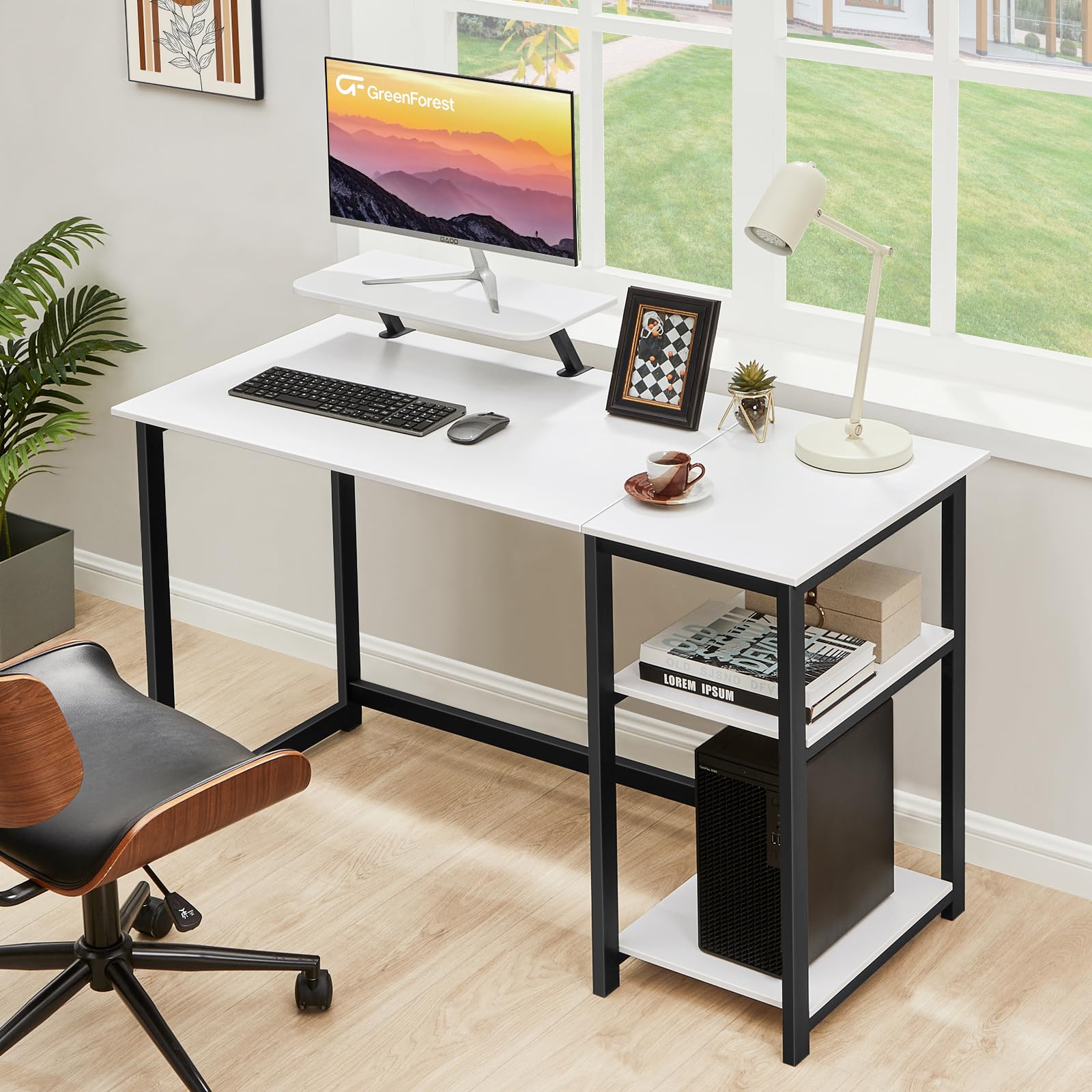 GreenForest Computer Desk 39 Inch with Monitor Stand, Office Desk with Adjustable Storage Shelves, Small Gaming Desk for Home Work Writing Study, Black