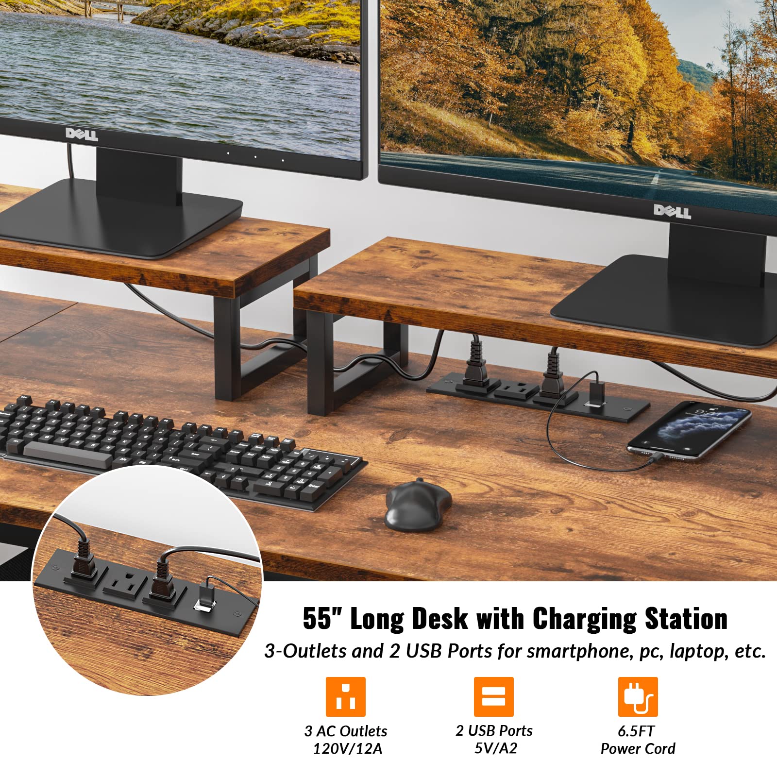 Computer Desk with Drawer and Power Outlets, 47" Office Desk with 2 Monitor Stands and Fabric File Cabinet, Writing Gaming Table with Shelves and 2 Hooks for Home Office, Rustic Brown