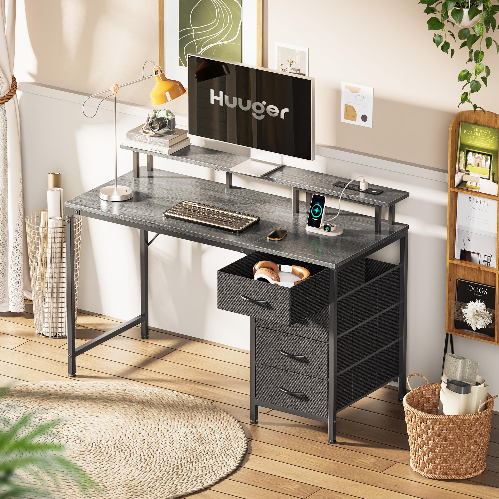 47 Inch Computer Desk with Power Outlets and LED Lights, Gaming Desk with 4 Drawers, Office Desk with Monitor Stand, Study Desk Work Desk for Home Office, Small Spaces, Black