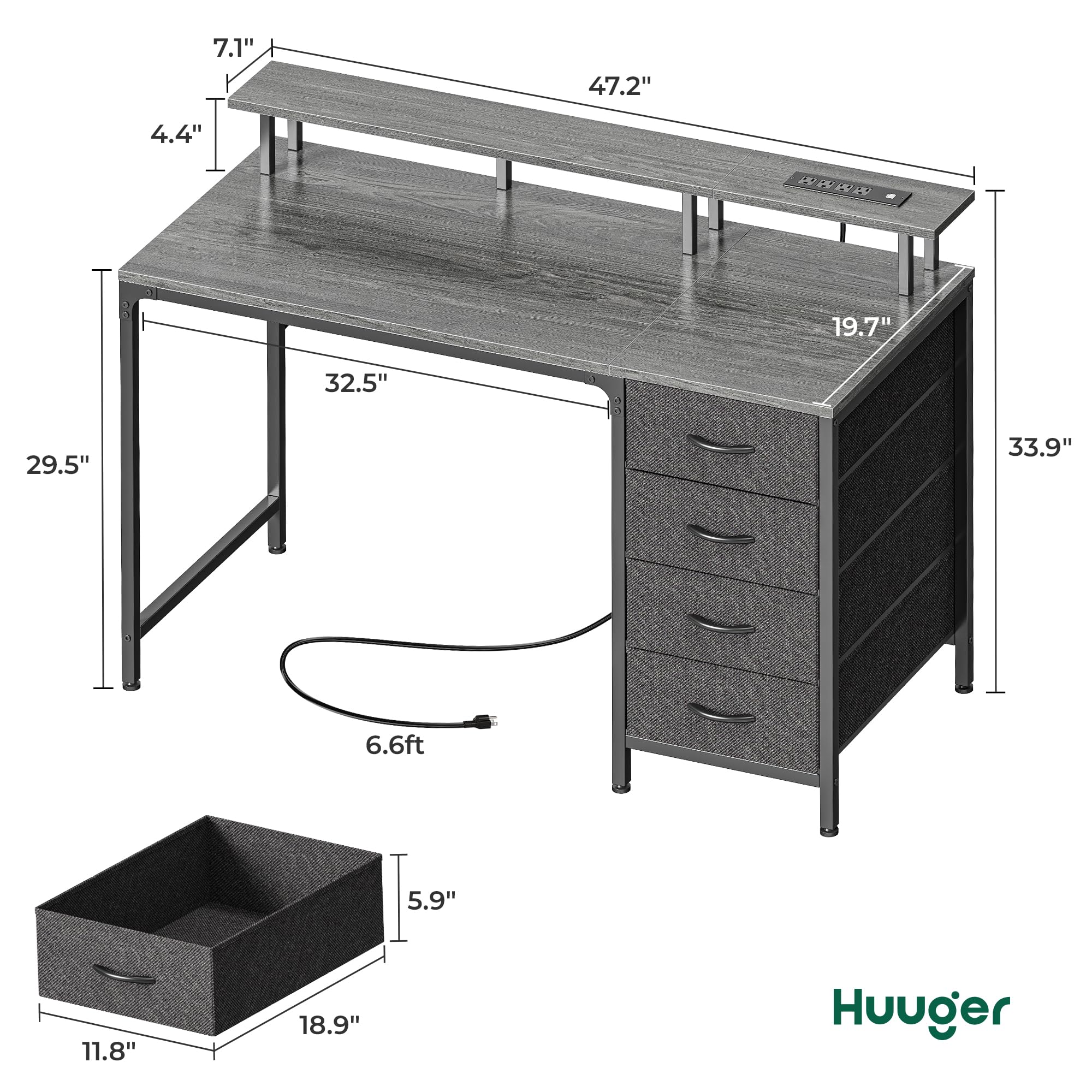 47 Inch Computer Desk with Power Outlets and LED Lights, Gaming Desk with 4 Drawers, Office Desk with Monitor Stand, Study Desk Work Desk for Home Office, Small Spaces, Black