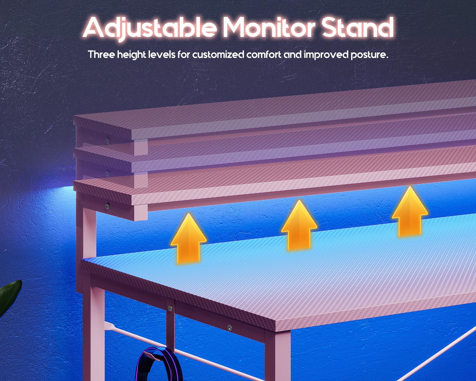 Gaming Desk with Led Lights & Power Outlet, 40 Inch Small Gaming Computer Desk with Shelves, Reversible Gamer Desk Table with Adjustable Monitor Stand & Headphone Hook, Carbon Fiber Texture