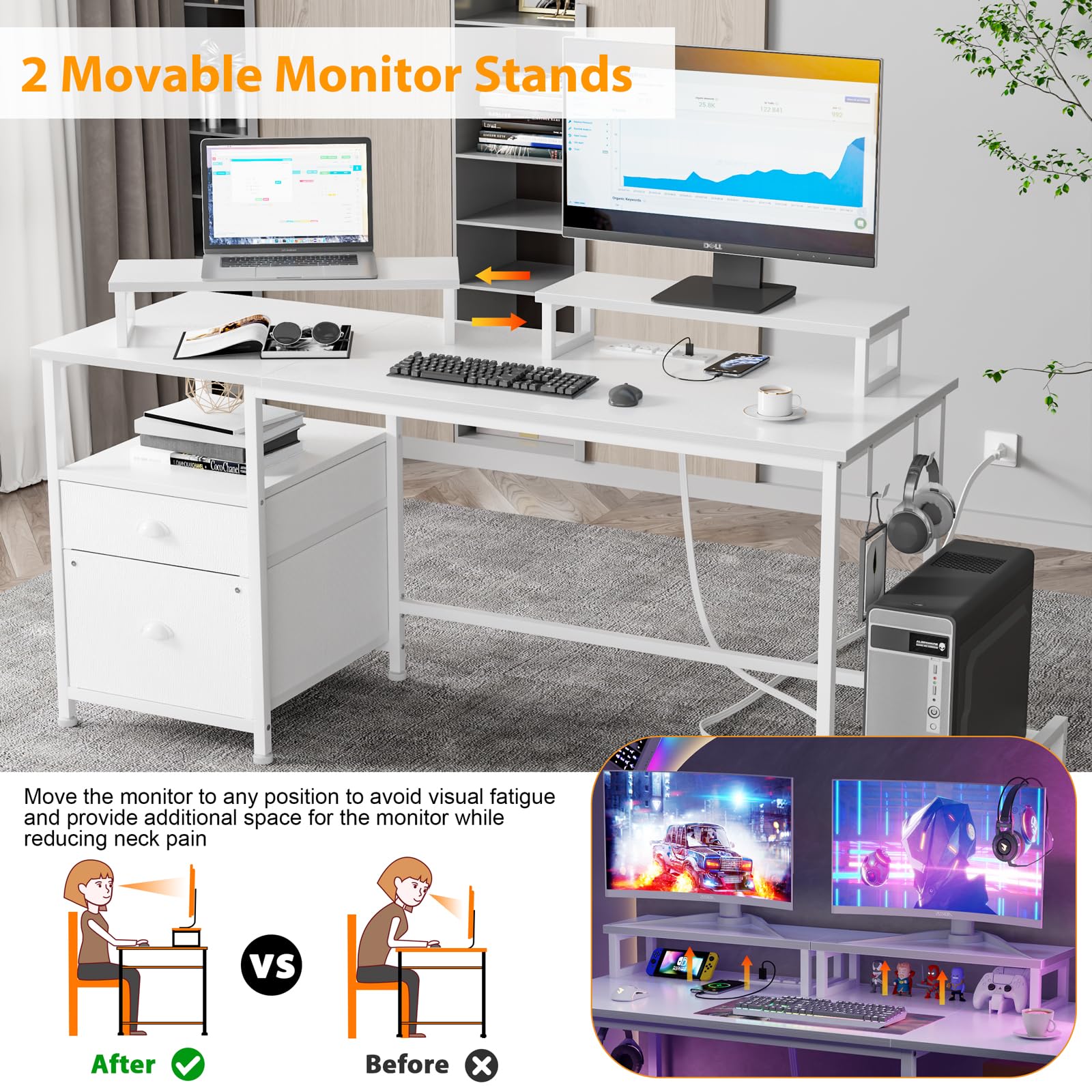 Computer Desk with Drawer and Power Outlets, Office Desk with 2 Monitor Stands and Fabric File Cabinet, Writing Gaming Table with Shelves and 2 Hooks for Home Office