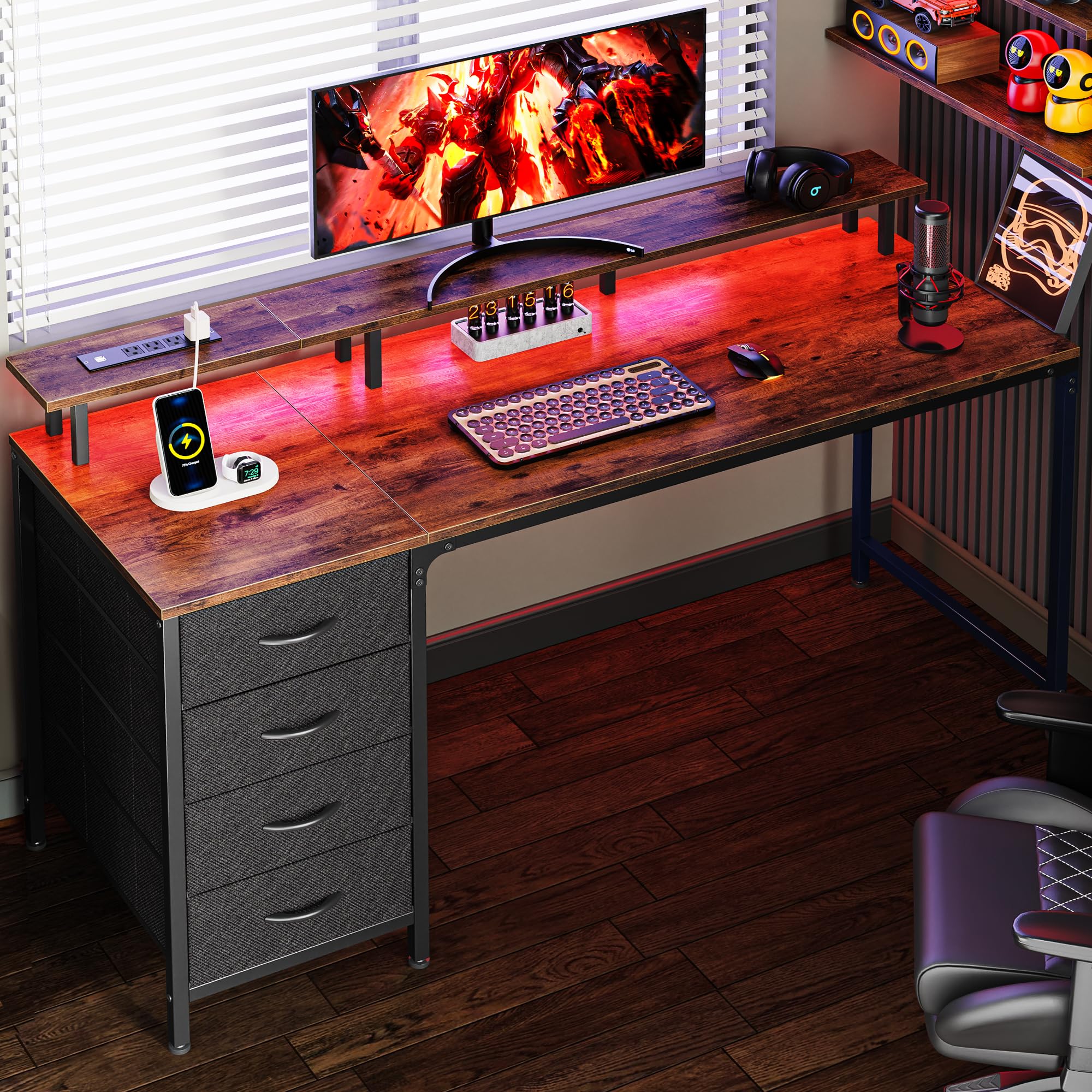 47 Inch Computer Desk with Power Outlets and LED Lights, Gaming Desk with 4 Drawers, Office Desk with Monitor Stand, Study Desk Work Desk for Home Office, Small Spaces, Black