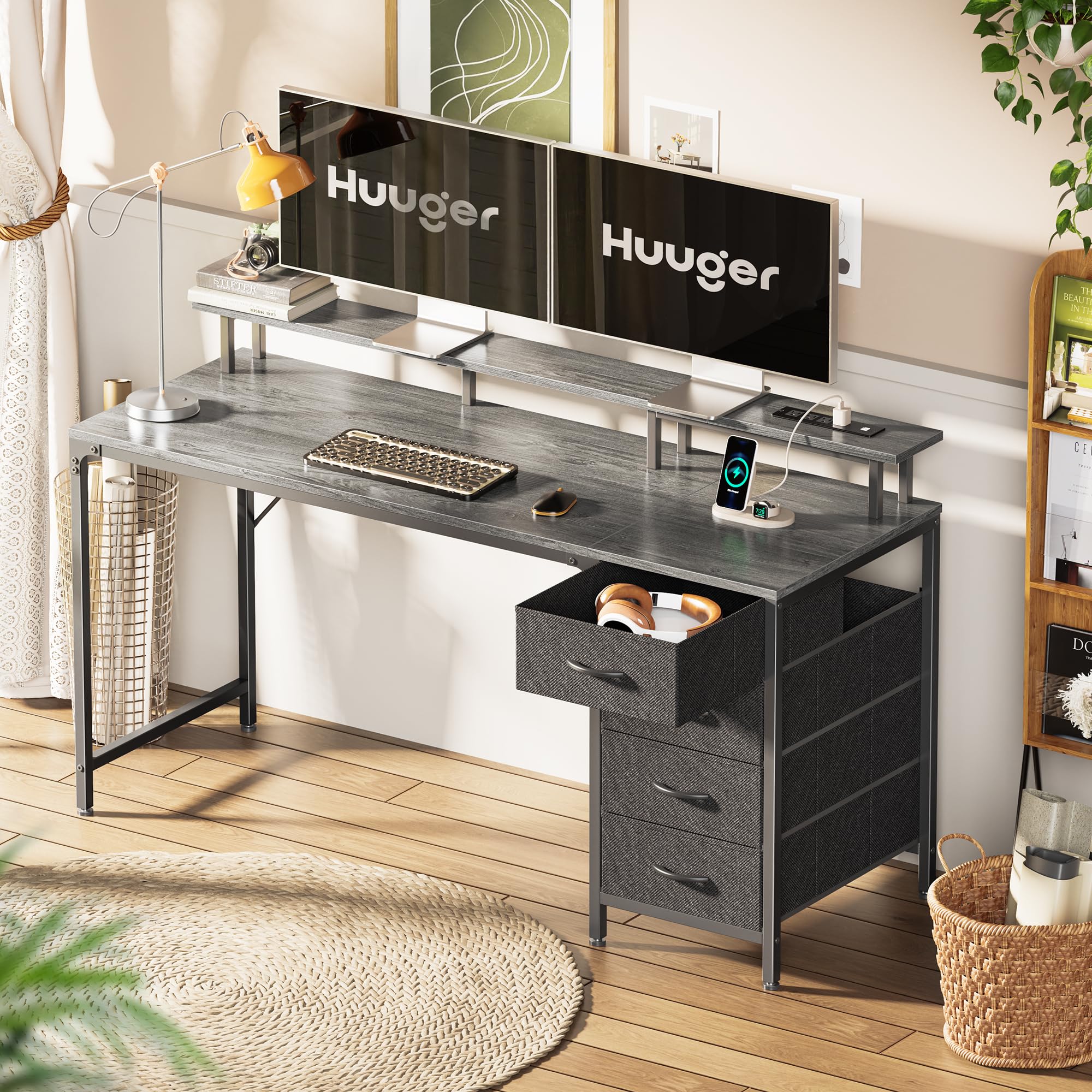 47 Inch Computer Desk with Power Outlets and LED Lights, Gaming Desk with 4 Drawers, Office Desk with Monitor Stand, Study Desk Work Desk for Home Office, Small Spaces, Black