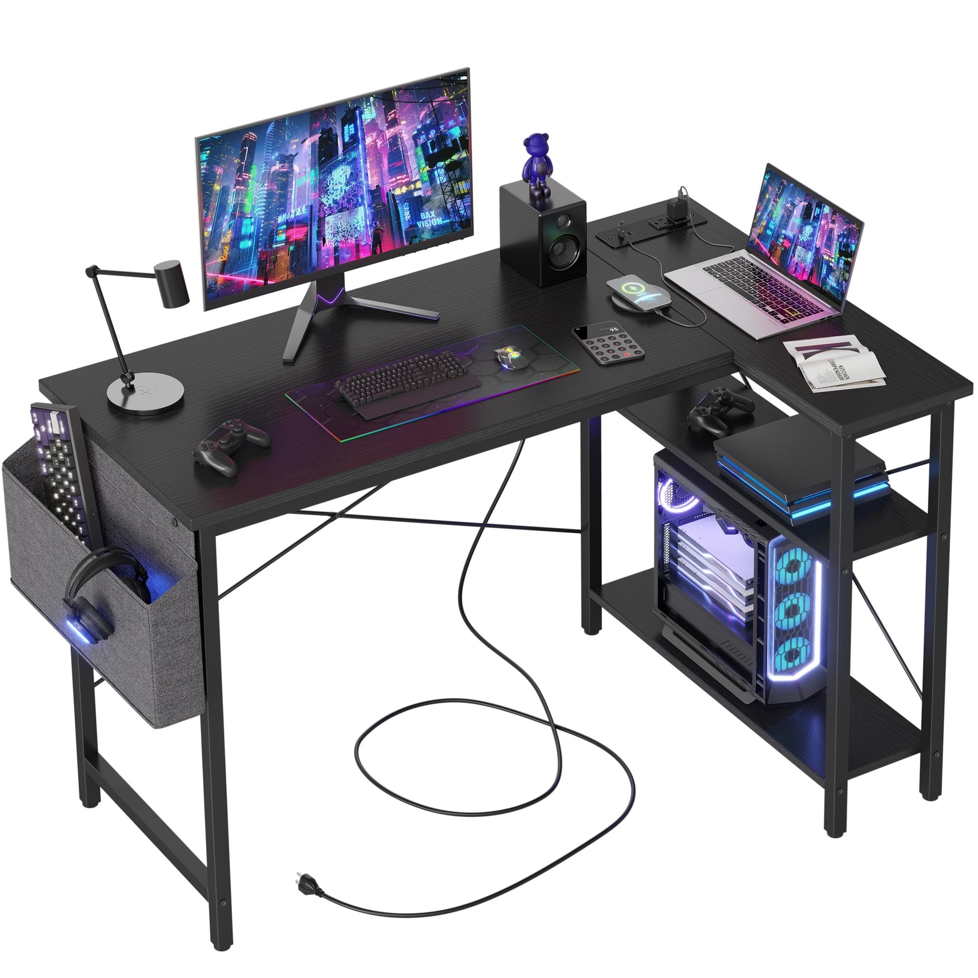 TIQLAB Small Computer Desk with Power Outlets, 40 Inch L Shaped Desk with Reversible Shelves, Gaming Desk Corner Desk Study Writing Table for Home Office Bedroom Living Room, Black