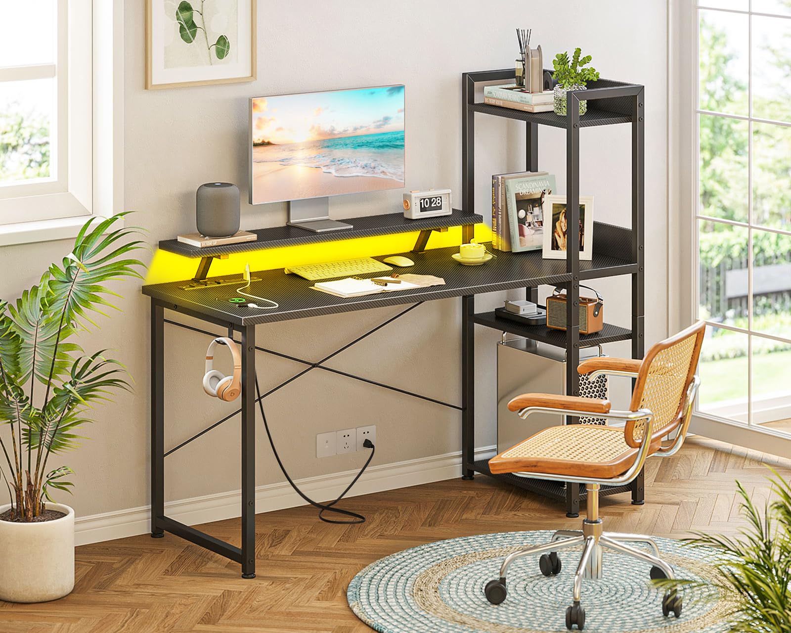 改ODK Reversible Gaming Desk with USB Charging Port and LED Lights, 40 Inch Computer Desk with Storage Shelves &amp; Monitor Stand, Study Table for Home Office, Small Space Bedroom, Carbon Fiber Black