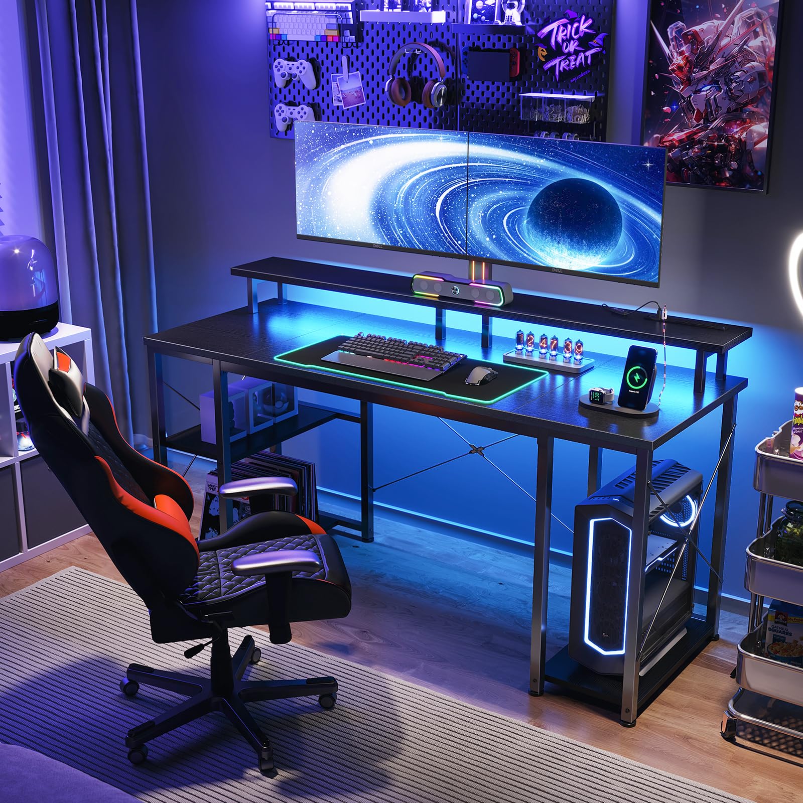 Gaming Desk with LED Lights & Power Outlets, Computer Desk with Monitor Stand & Storage Sheves, CPU Stand, Home Office Desk