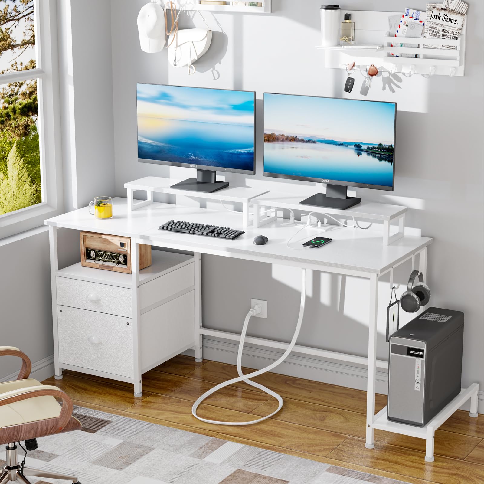 Computer Desk with Drawer and Power Outlets, 47" Office Desk with 2 Monitor Stands and Fabric File Cabinet, Writing Gaming Table with Shelves and 2 Hooks for Home Office, Rustic Brown