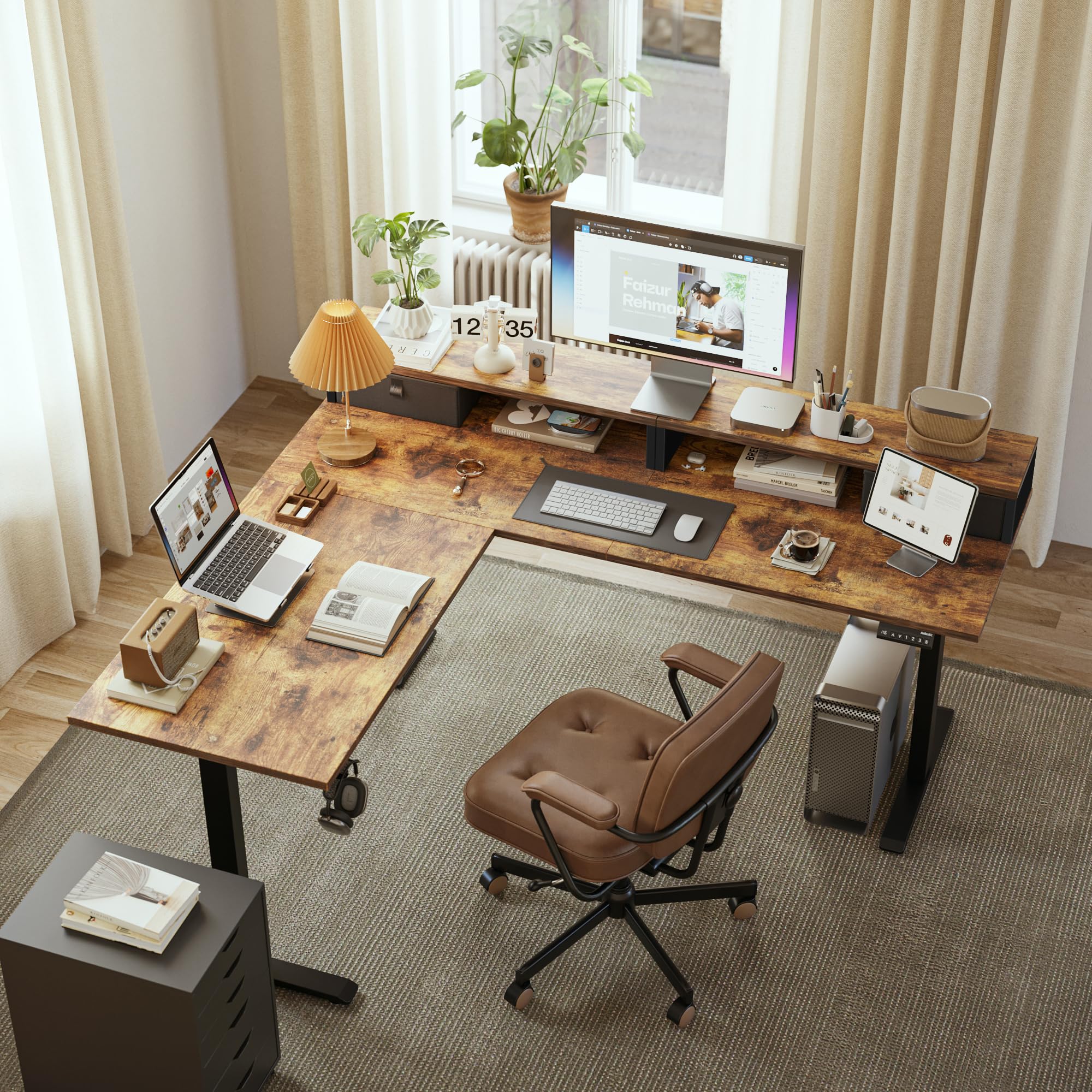 Agilestic L Shaped Standing Desk Adjustable Height, Electric Corner Standing Desk, 63 x 55 inch Sit Stand Computer Table with Splice Board, Rustic Brown