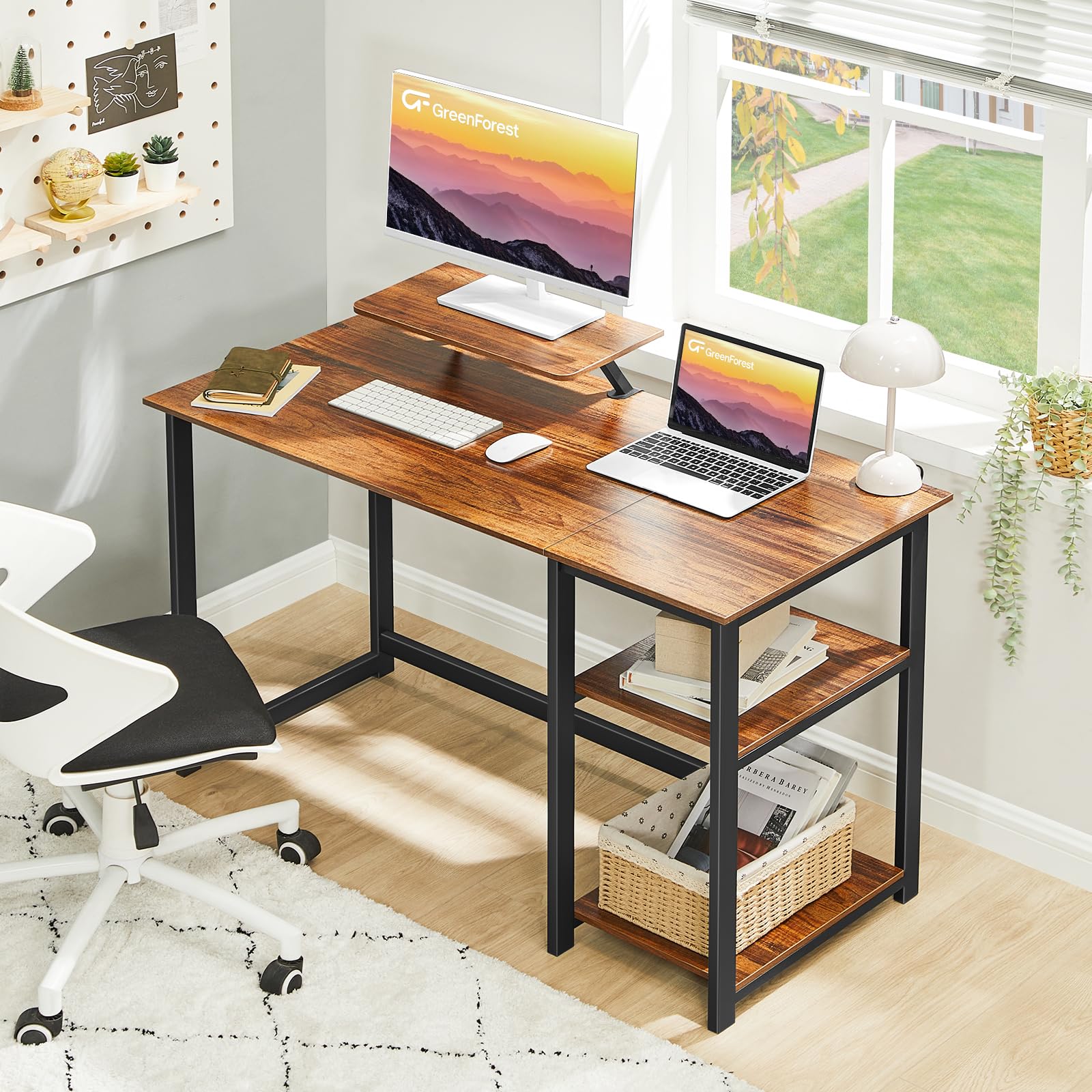 改GreenForest Computer Desk 39 Inch with Monitor Stand, Office Desk with Adjustable Storage Shelves, Small Gaming Desk for Home Work Writing Study, Black