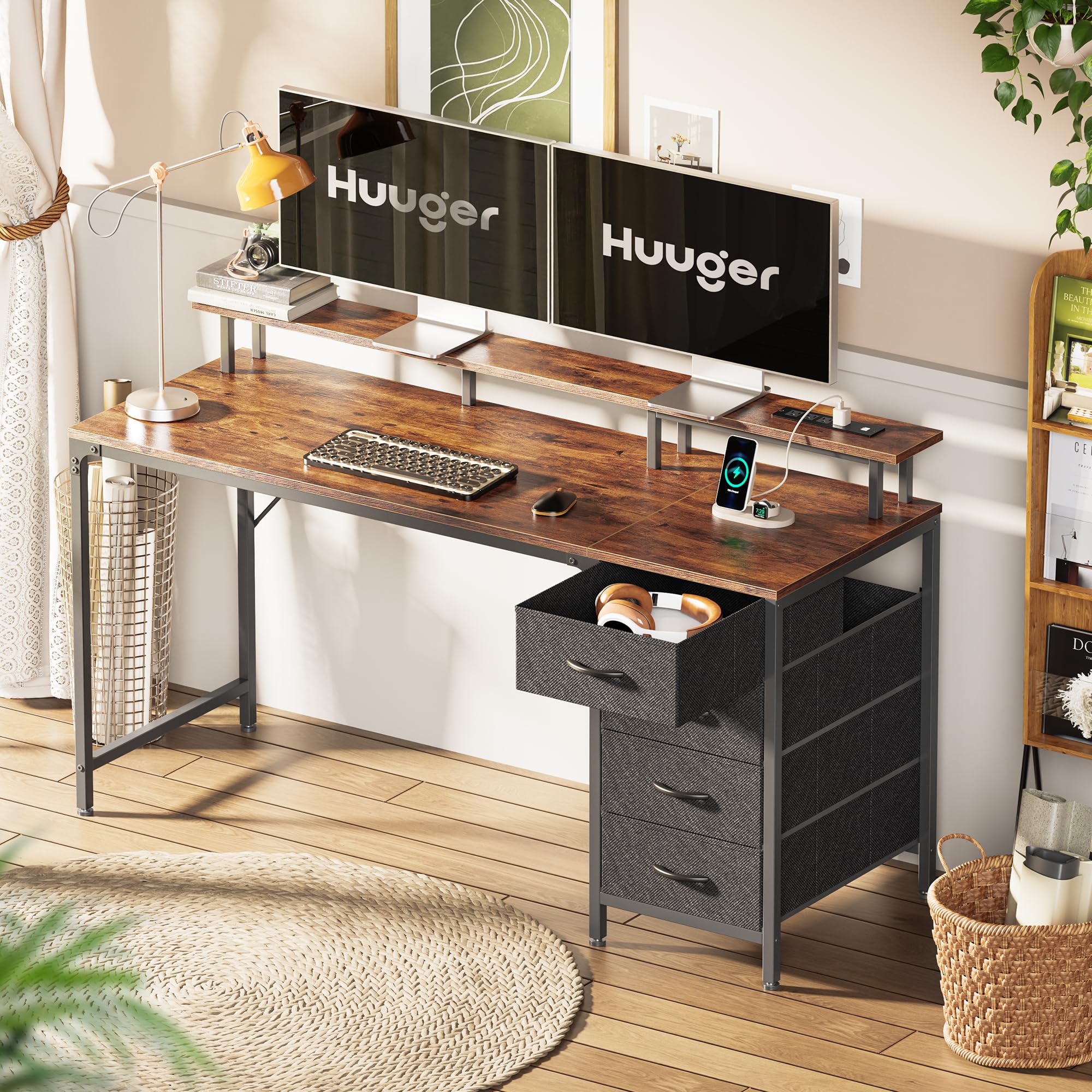 47 Inch Computer Desk with Power Outlets and LED Lights, Gaming Desk with 4 Drawers, Office Desk with Monitor Stand, Study Desk Work Desk for Home Office, Small Spaces, Black