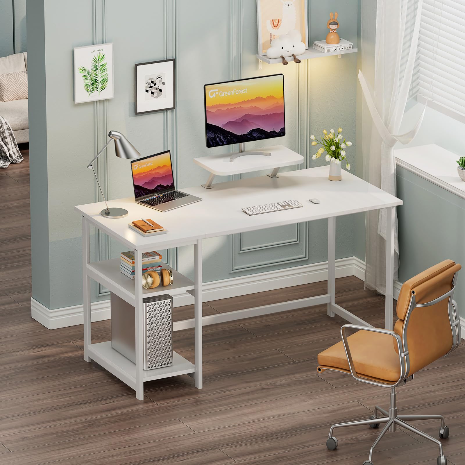 GreenForest Computer Desk 39 Inch with Monitor Stand, Office Desk with Adjustable Storage Shelves, Small Gaming Desk for Home Work Writing Study, Black