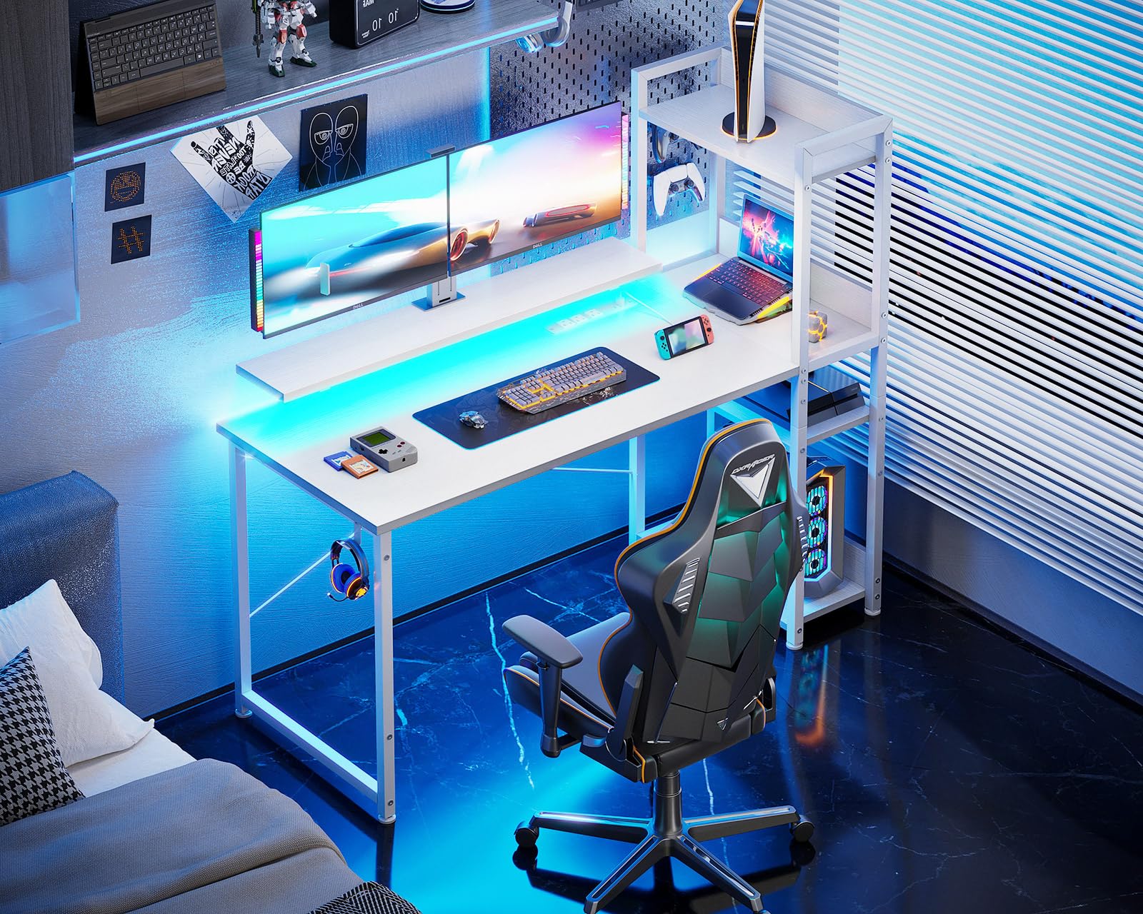 ODK Reversible Gaming Desk with USB Charging Port and LED Lights, 40 Inch Computer Desk with Storage Shelves &amp; Monitor Stand, Study Table for Home Office, Small Space Bedroom, Carbon Fiber Black