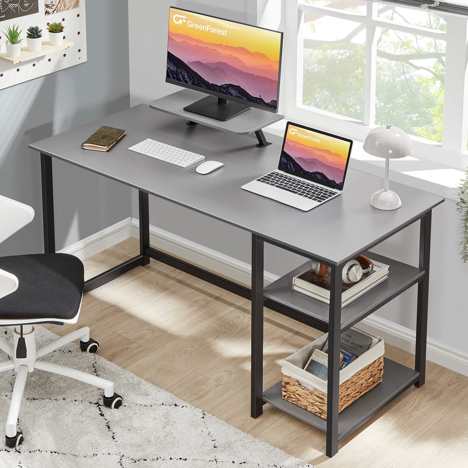 GreenForest Computer Desk 39 Inch with Monitor Stand, Office Desk with Adjustable Storage Shelves, Small Gaming Desk for Home Work Writing Study, Black
