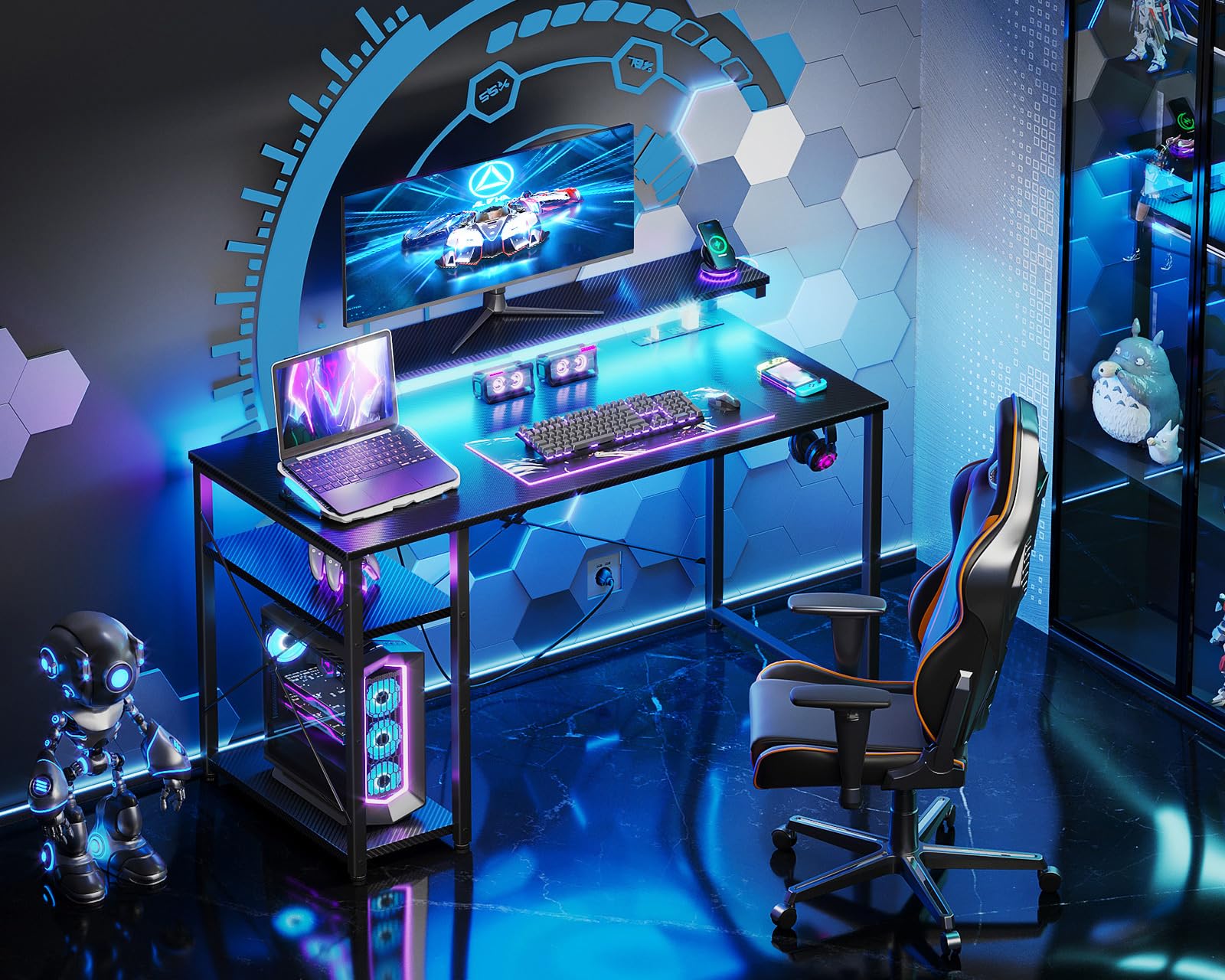 改MOTPK Gaming Desk with Led Lights & Power Outlet, 40 Inch Small Gaming Computer Desk with Shelves, Reversible Gamer Desk Table with Adjustable Monitor Stand & Headphone Hook, Carbon Fiber Texture