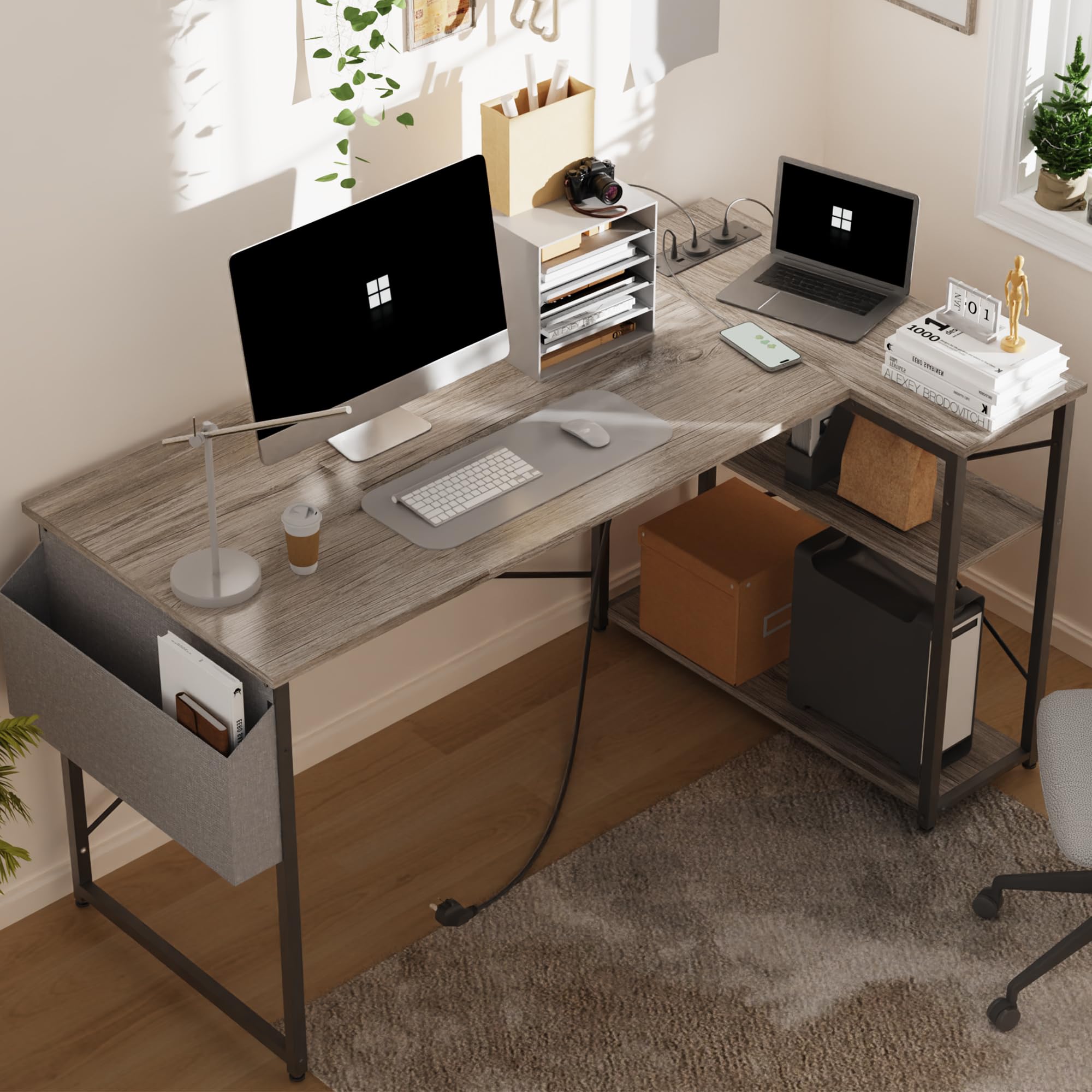 TIQLAB Small Computer Desk with Power Outlets, 40 Inch L Shaped Desk with Reversible Shelves, Gaming Desk Corner Desk Study Writing Table for Home Office Bedroom Living Room, Black