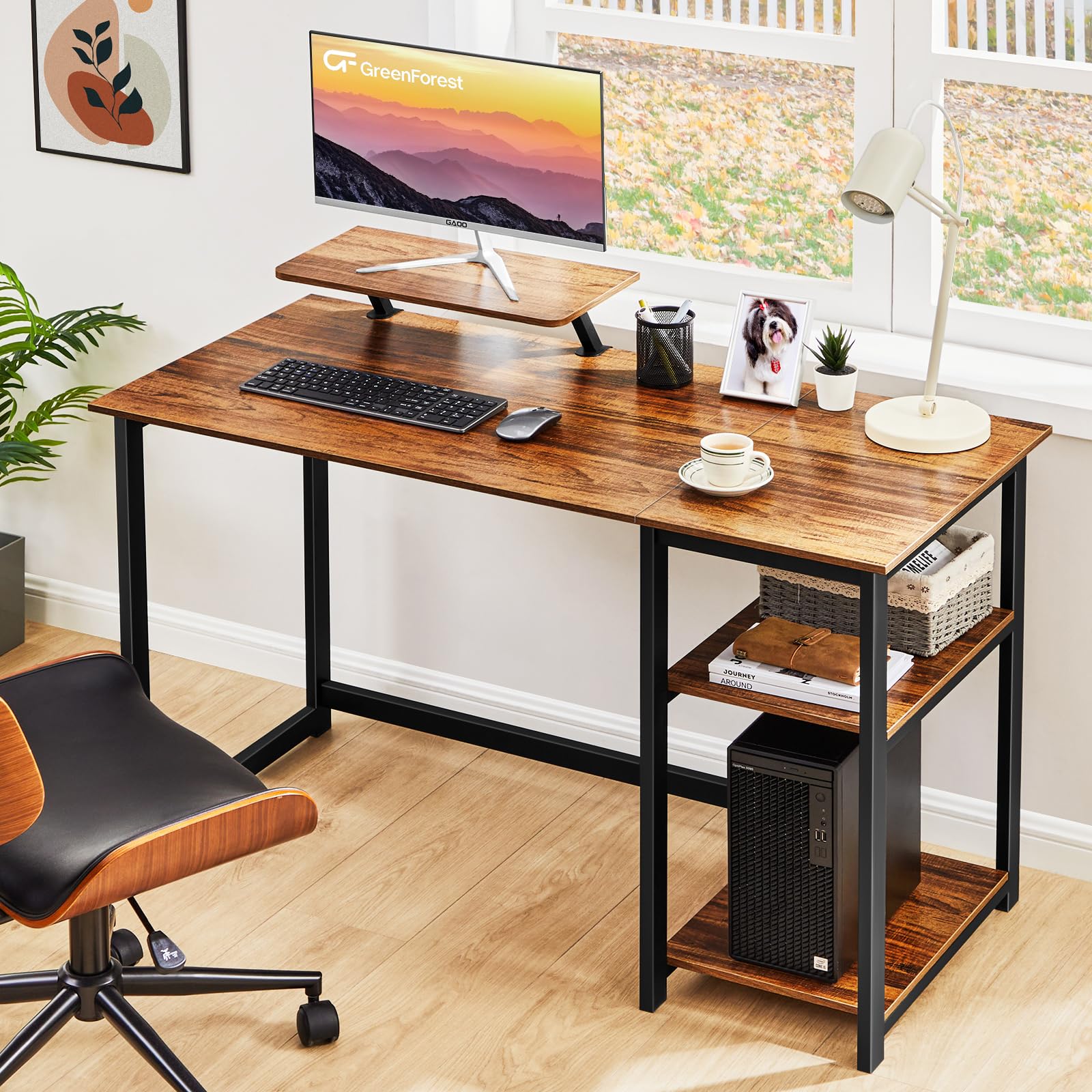 改GreenForest Computer Desk 39 Inch with Monitor Stand, Office Desk with Adjustable Storage Shelves, Small Gaming Desk for Home Work Writing Study, Black