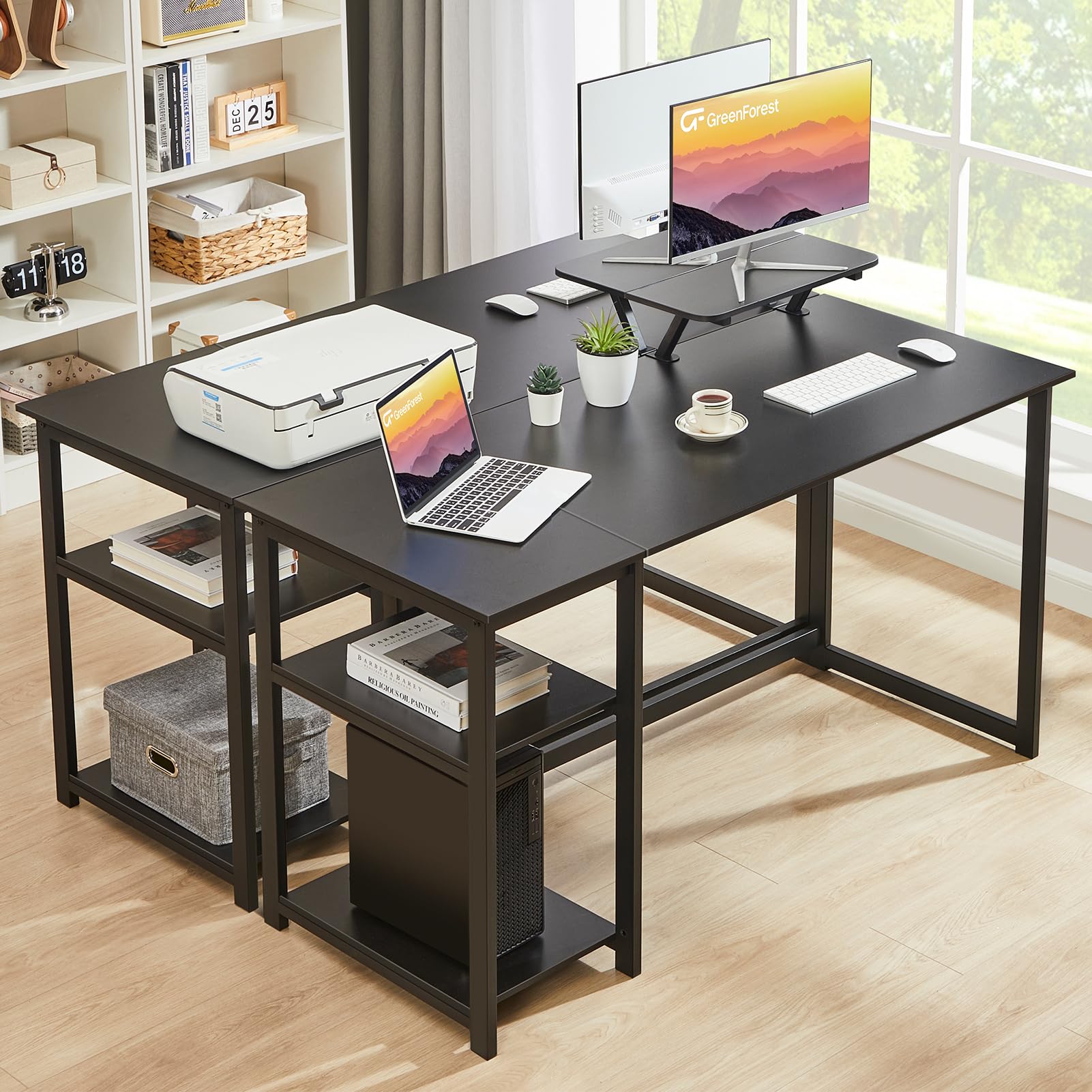 GreenForest Computer Desk 39 Inch with Monitor Stand, Office Desk with Adjustable Storage Shelves, Small Gaming Desk for Home Work Writing Study, Black