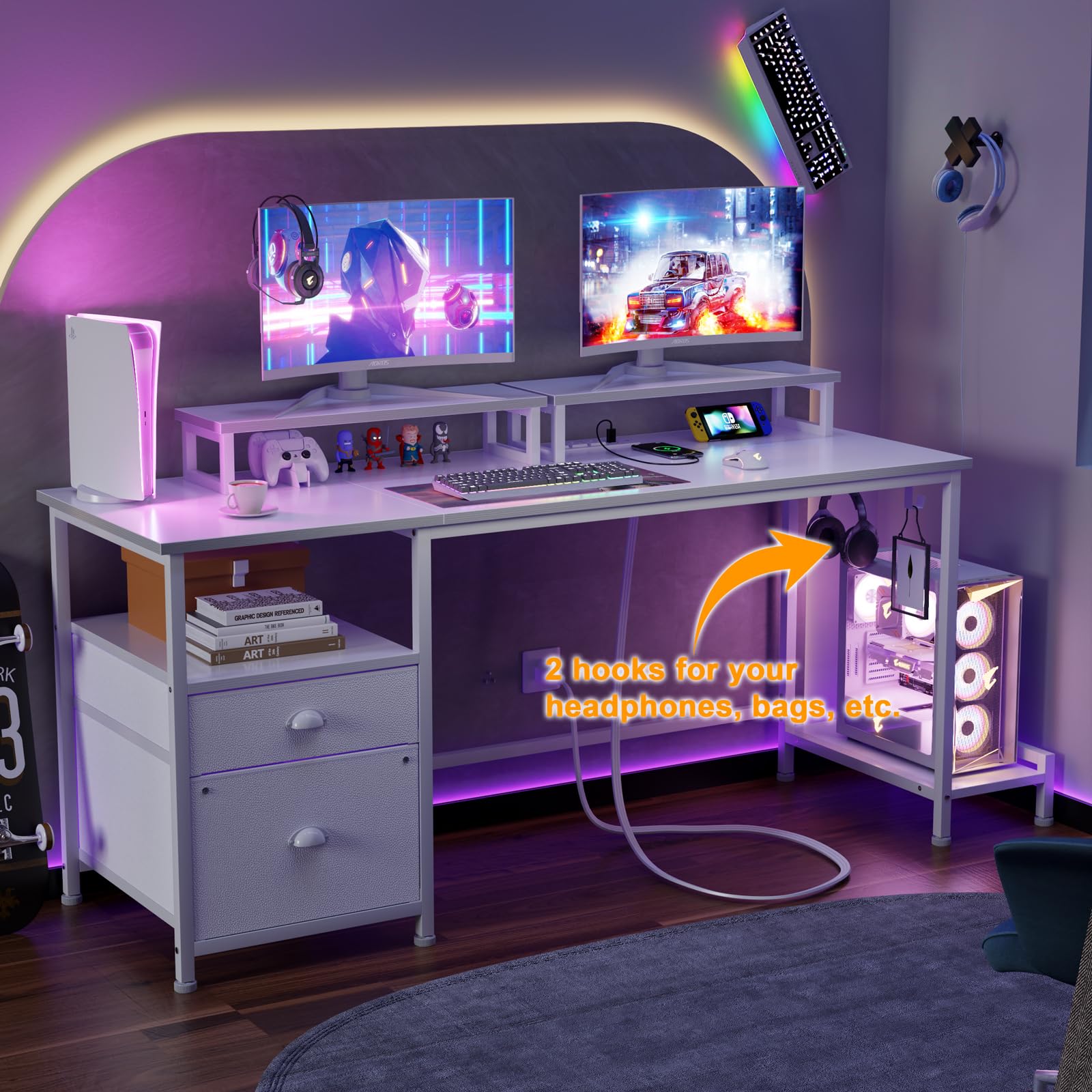 改Furologee Computer Desk with Drawer and Power Outlets, 47" Office Desk with 2 Monitor Stands and Fabric File Cabinet, Writing Gaming Table with Shelves and 2 Hooks for Home Office, Rustic Brown