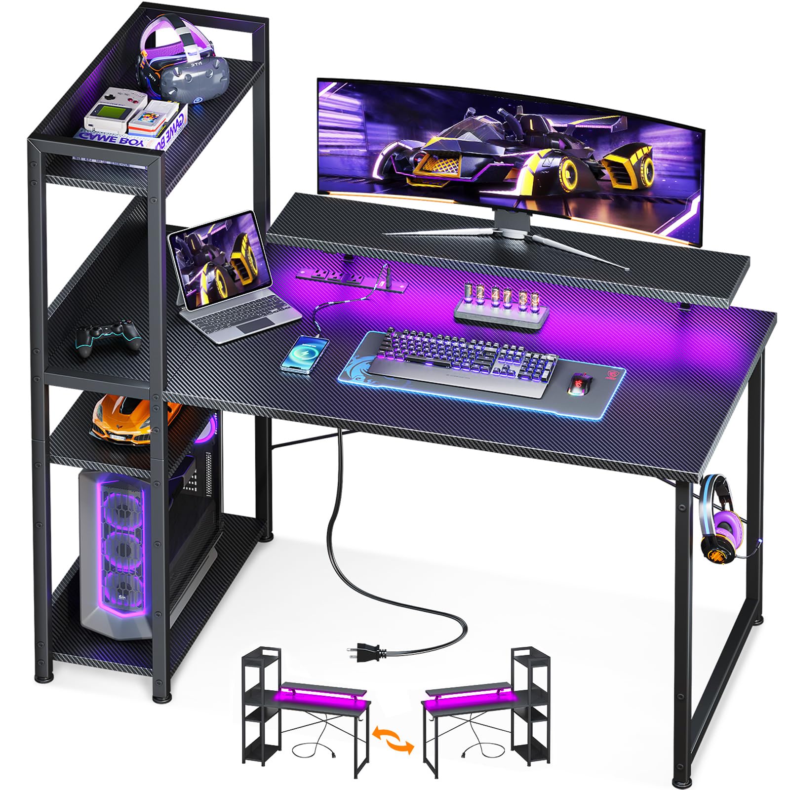ODK Reversible Gaming Desk with USB Charging Port and LED Lights, 40 Inch Computer Desk with Storage Shelves &amp; Monitor Stand, Study Table for Home Office, Small Space Bedroom, Carbon Fiber Black